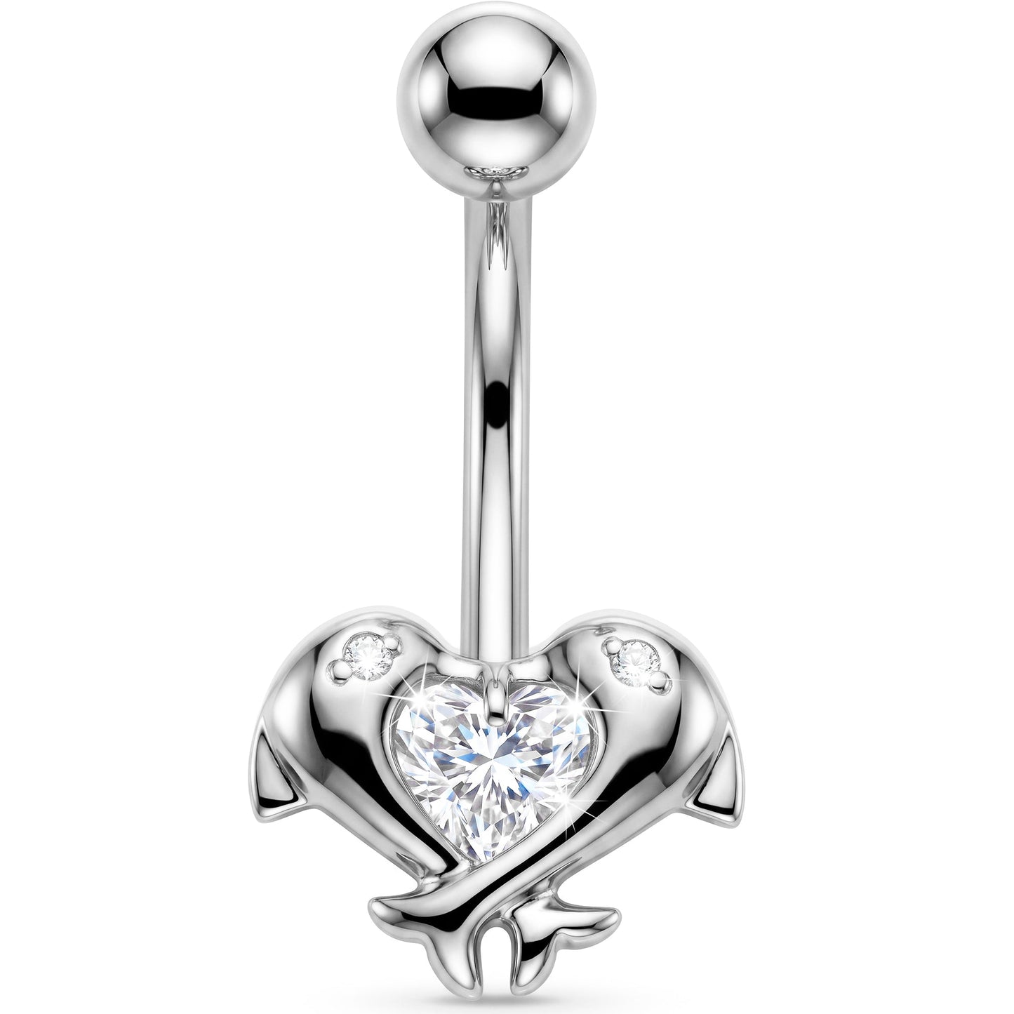 16G Solid 14k White Gold Cubic Zirconia Dolphin Kiss Belly Ring
