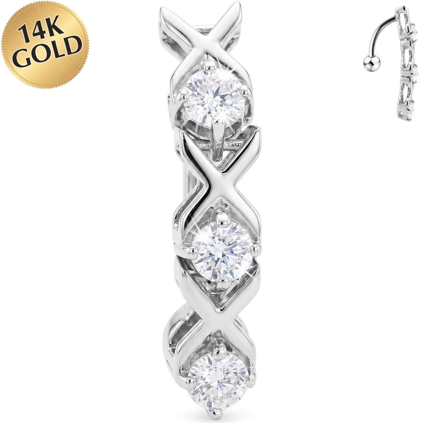 16G Solid 14k White Gold Top Mount Cubic Zirconia Xoxo Belly Ring
