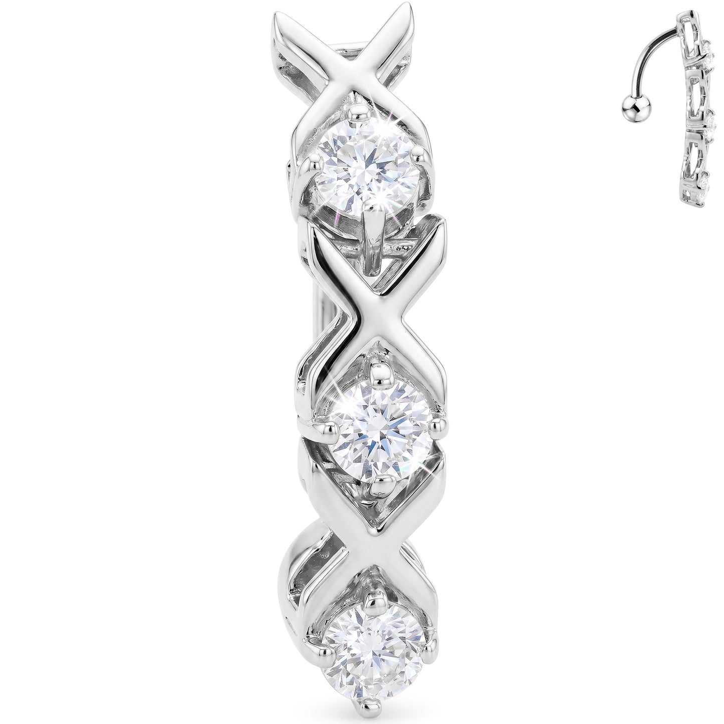 16G Solid 14k White Gold Top Mount Cubic Zirconia Xoxo Belly Ring