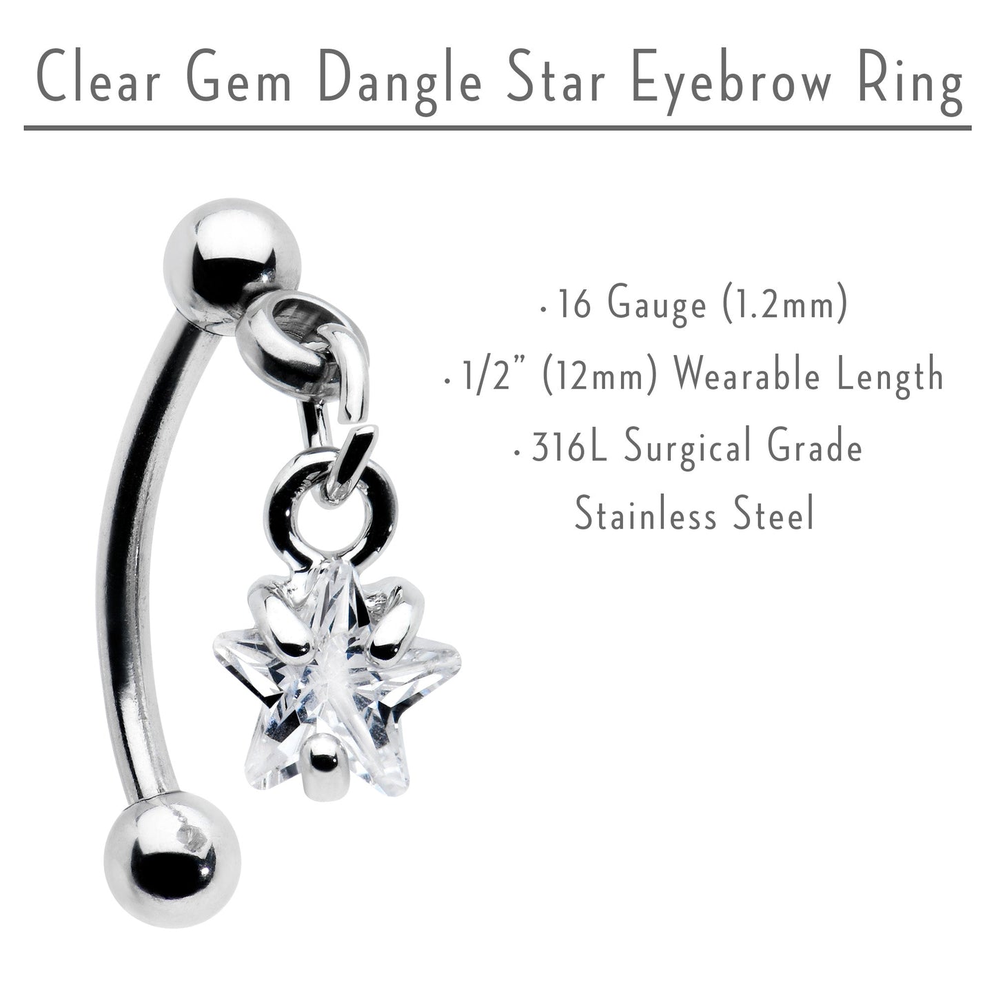 Top Down Clear Gem Dangle Star Eyebrow Ring