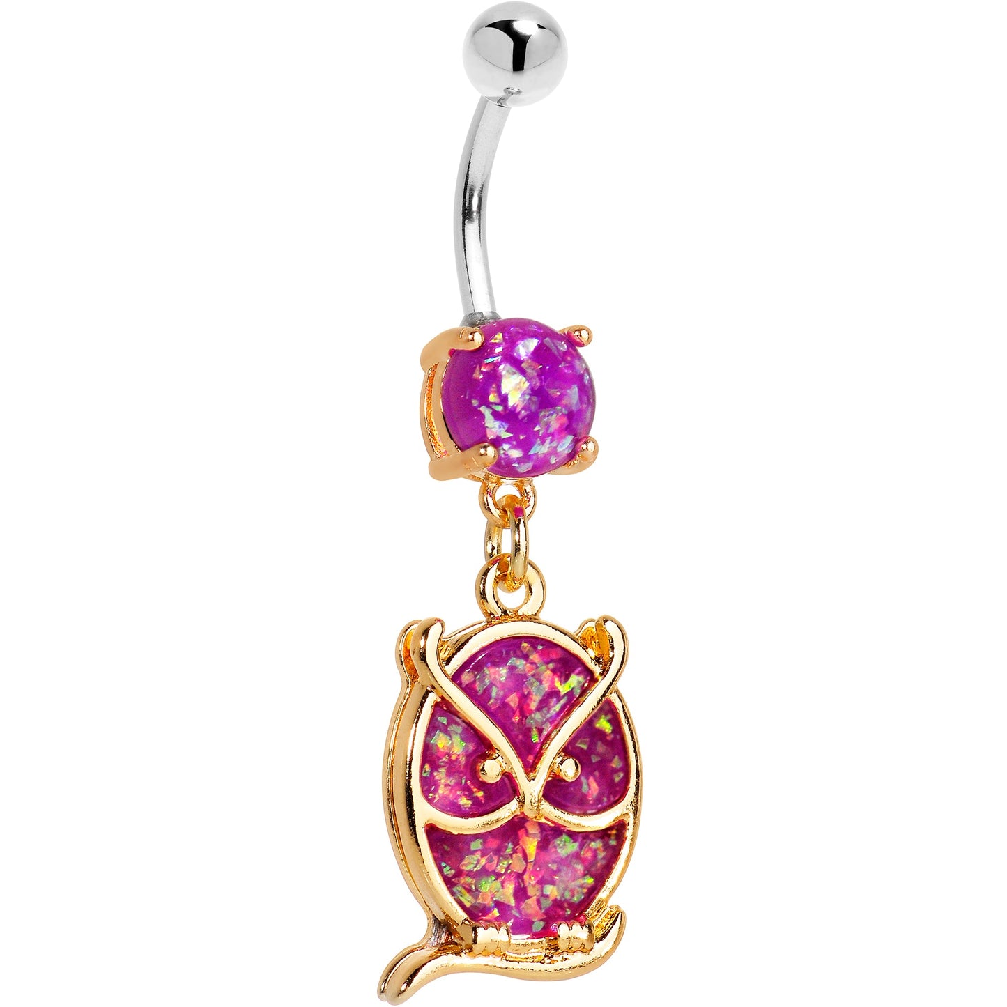 Purple Imitation Opal Gold Plated Wise Owl Dangle Belly Ring