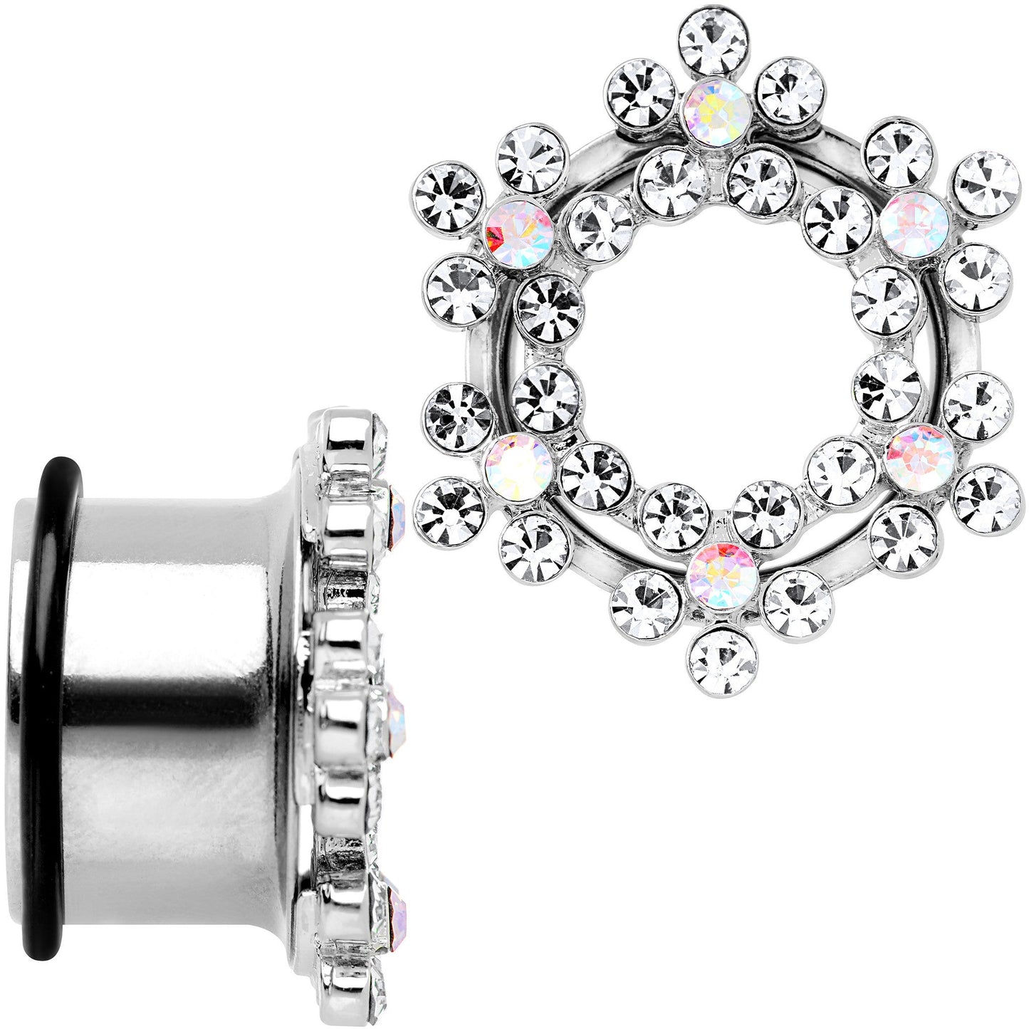 18mm Clear and Aurora Gem Snowflake Steel Tunnel Plug Set