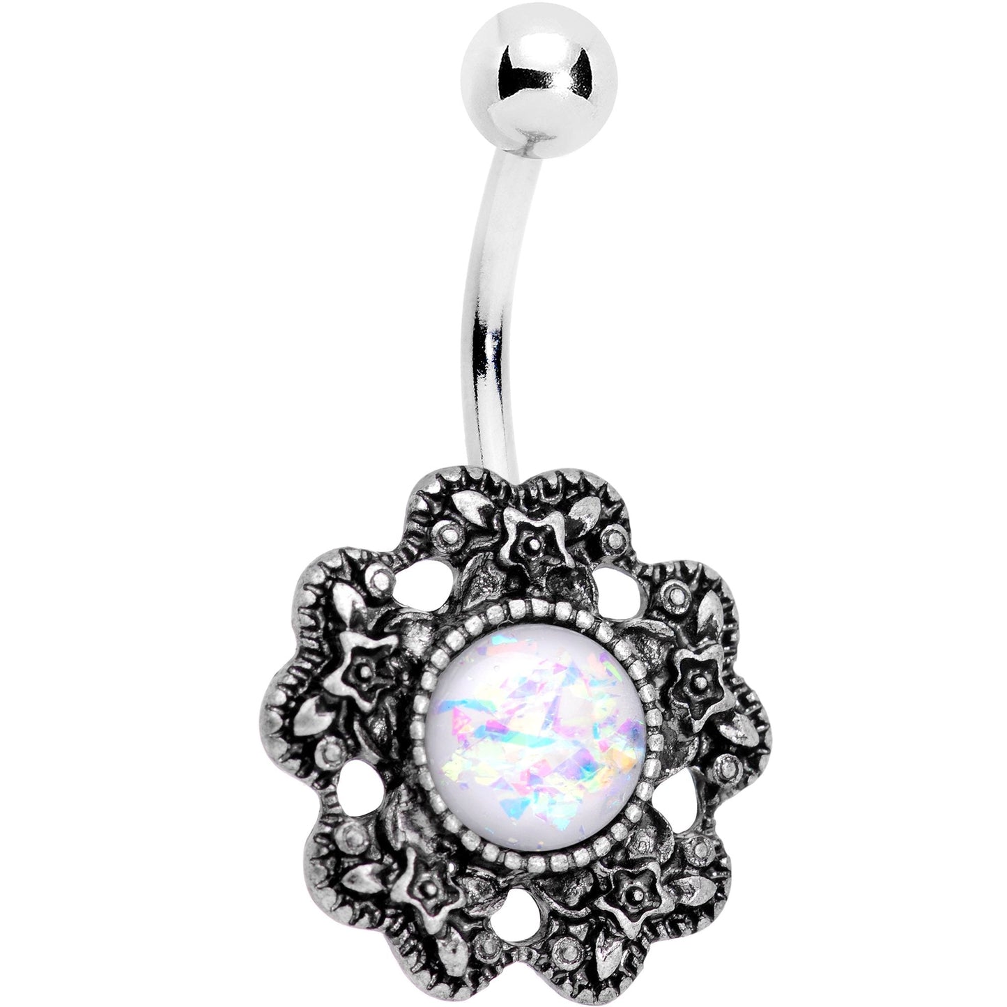 White Faux Opal Forget Me Never Flower Belly Ring