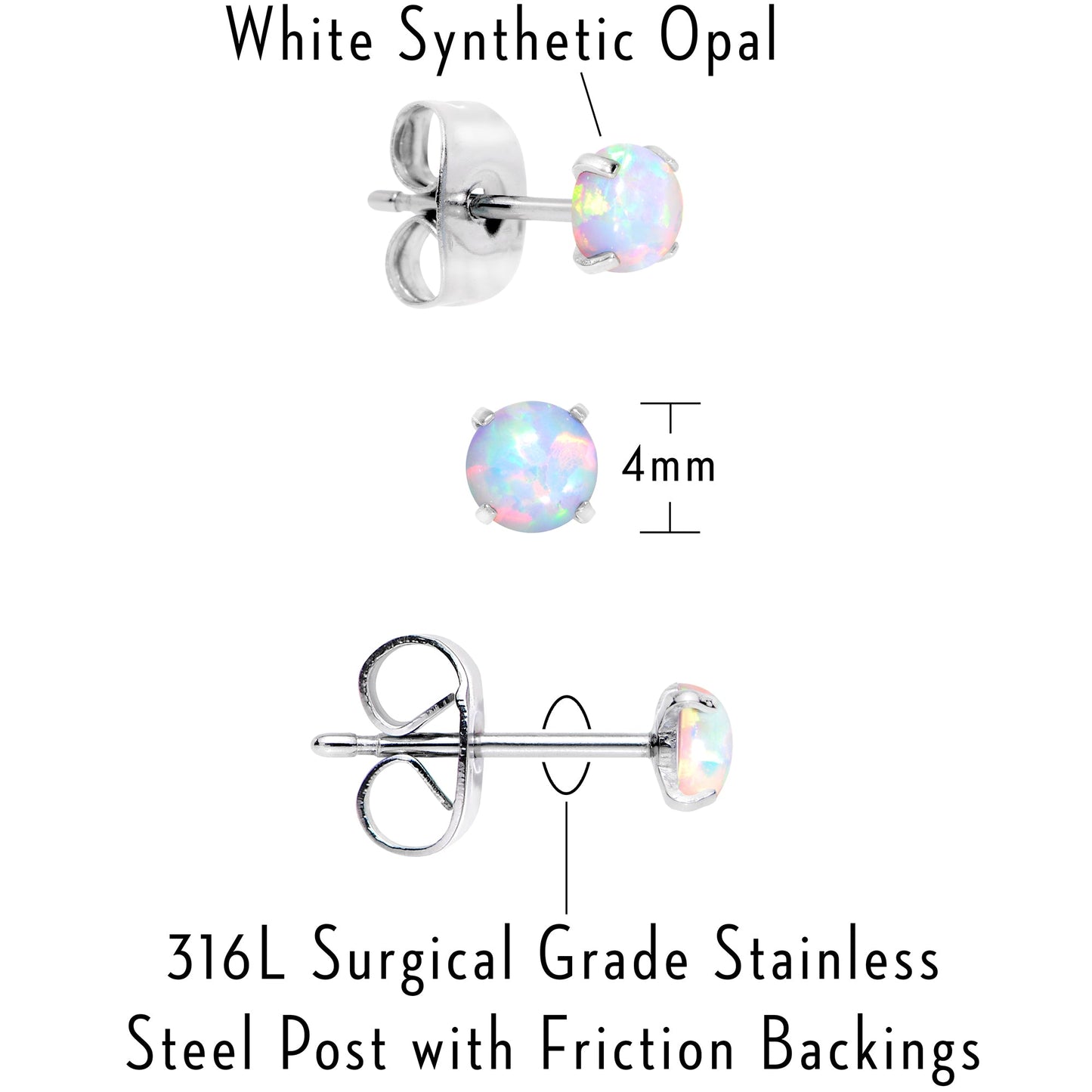 White Synthetic Opal Stainless Steel Post Stud Earring Pack Set of 3