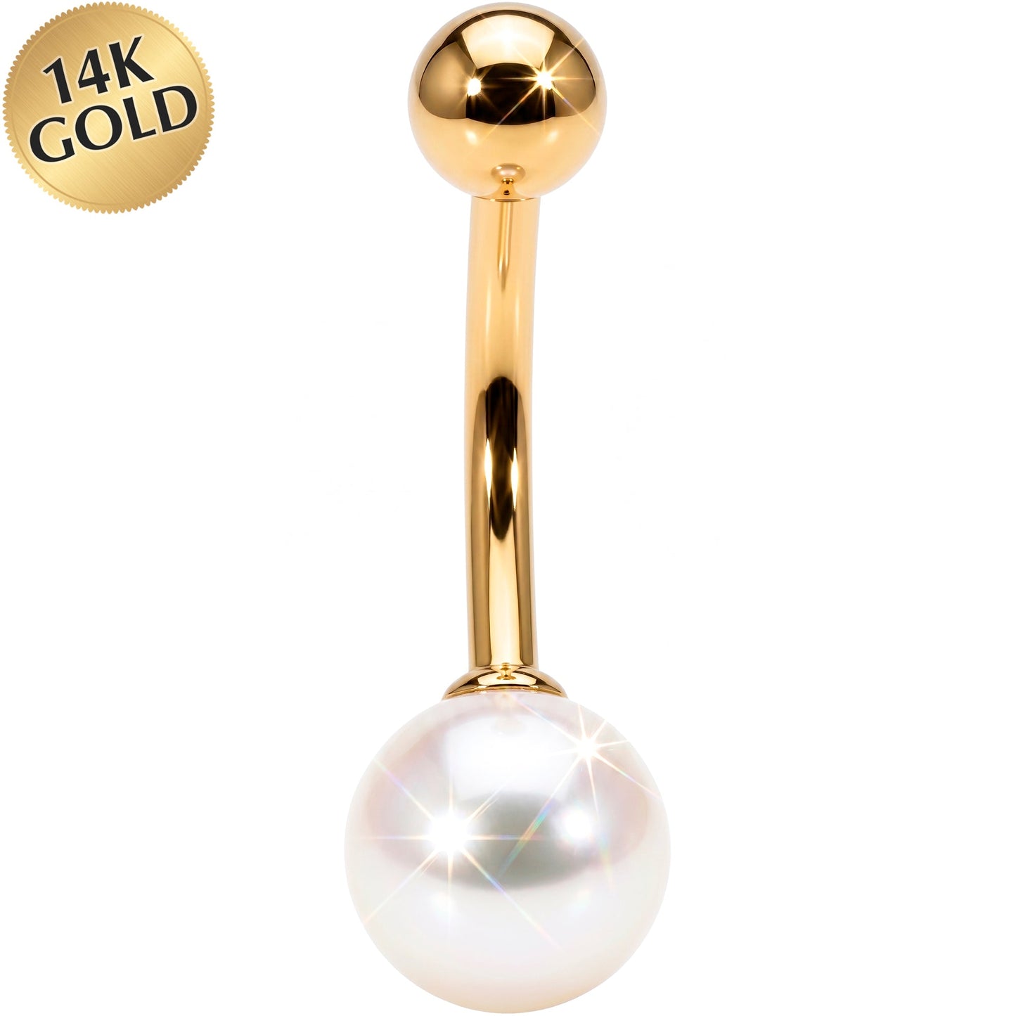 Solid 14K Yellow Gold Synthetic Pearl Belly Ring