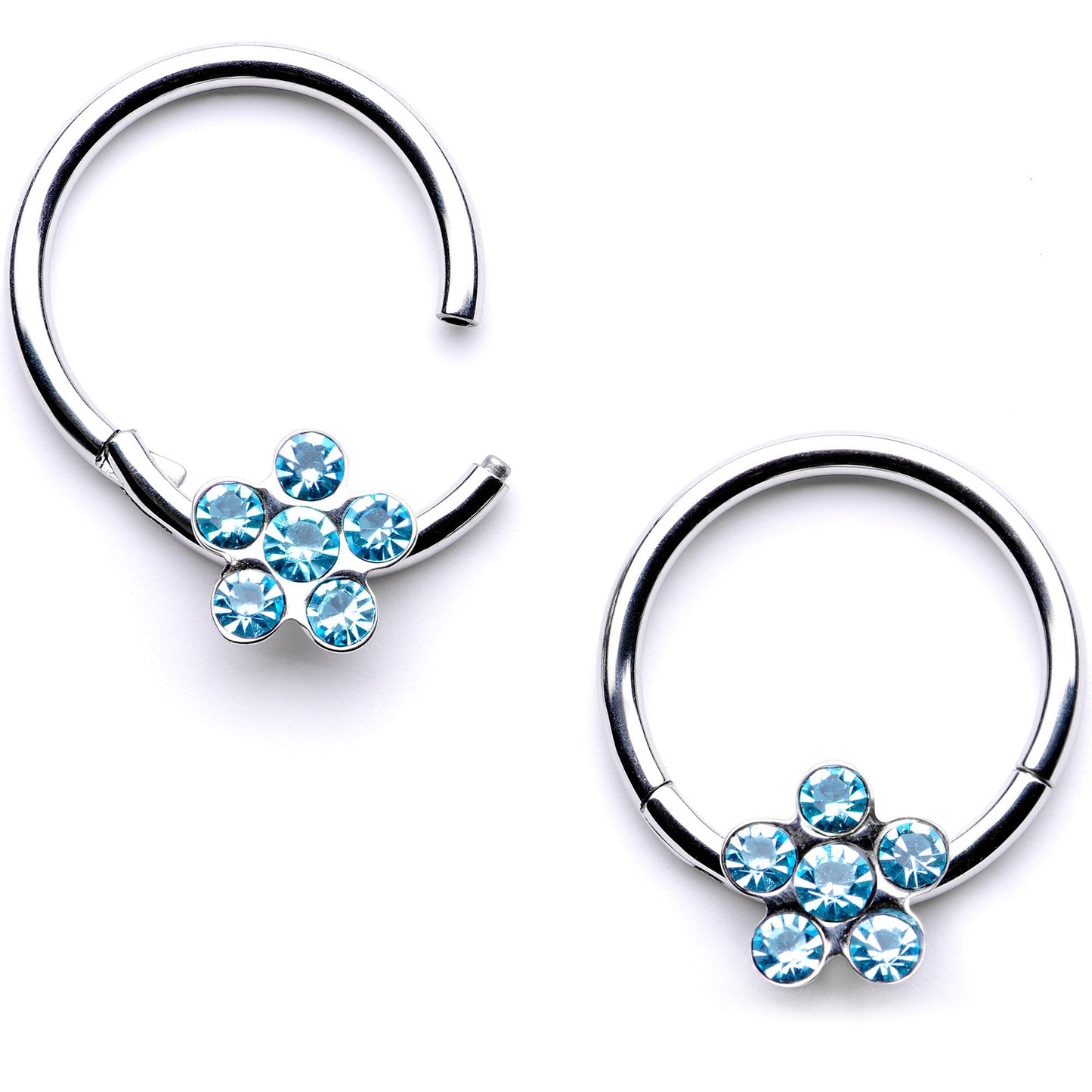 16G 3/8 Aqua Gem Petal Flower Hinged Segment Ring Set