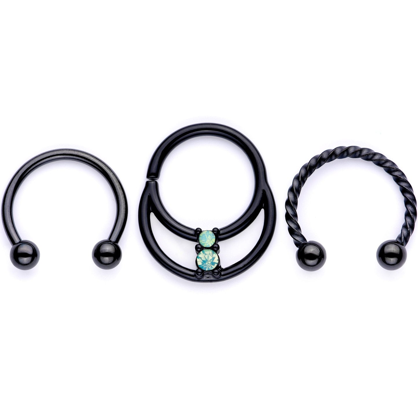 16G 3/8 Teal Faux Opal Black Anodized Horseshoe Closure Ring Set