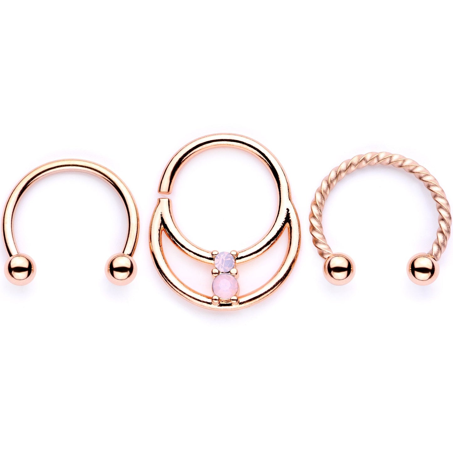 16G 3/8 Pink Faux Opal Rose Gold Tone Horseshoe Closure Ring Set
