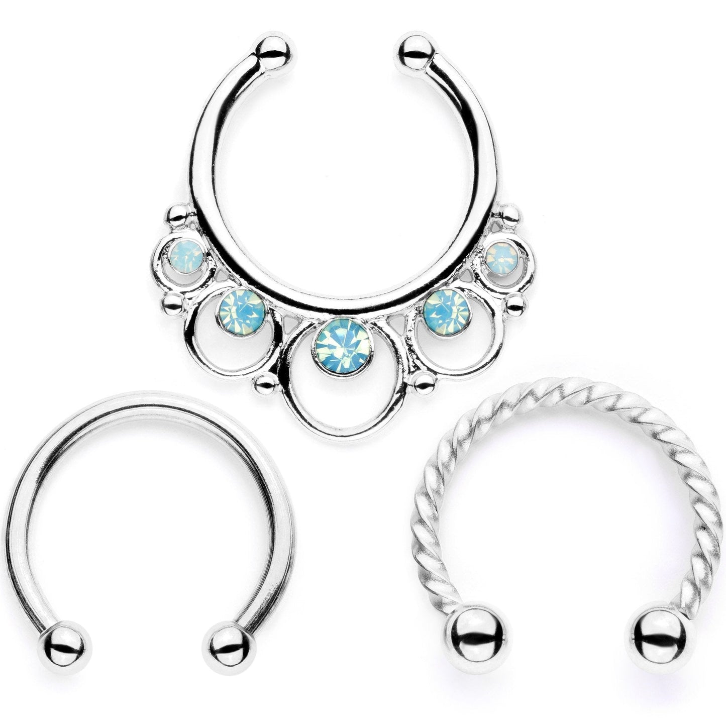 16G Teal Faux Opal Twisted Horseshoe Clip On Fake Septum Ring Set