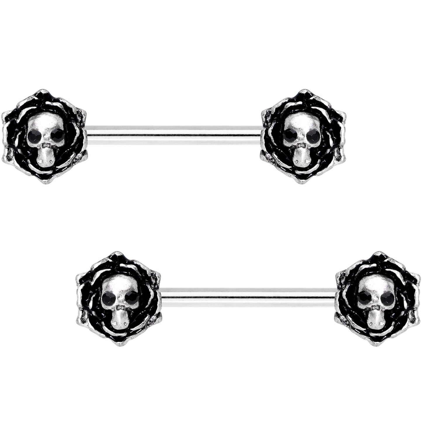 14G 9/16 Black Gem Skull Rose Flower Barbell Nipple Ring Set