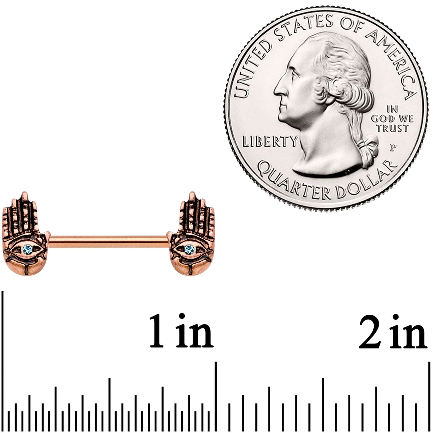 9/16 Aqua Gem Rose Gold Tone Hamsa Hand Barbell Nipple Ring Set