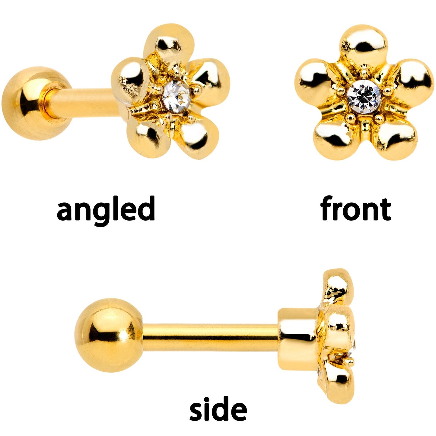 16G 1/4 Clear Gem Gold Tone Daisy Flower Cartilage Tragus Set of 3