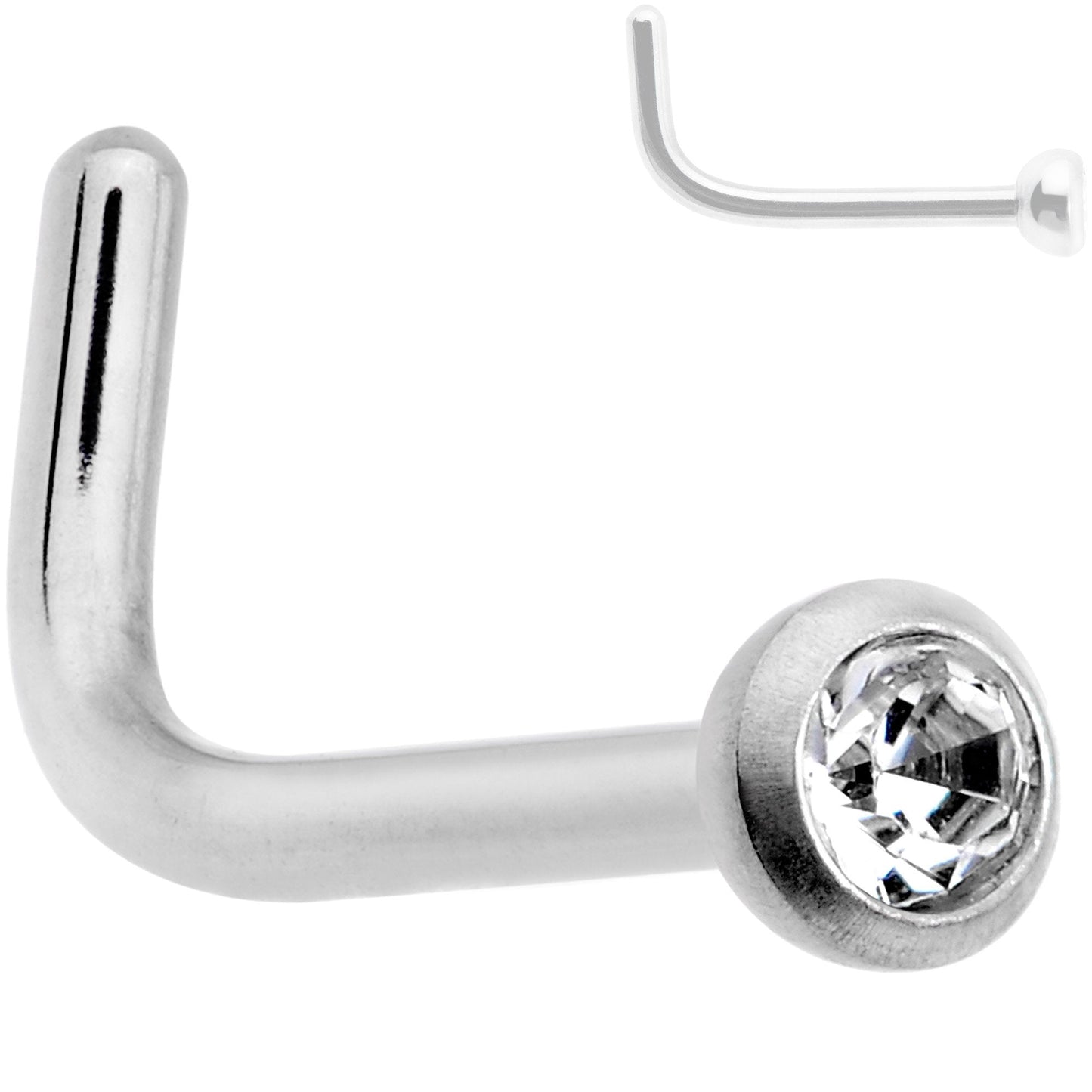 20G G23 Titanium Press Fit Clear CZ Micro Ball L Shaped Nose Ring