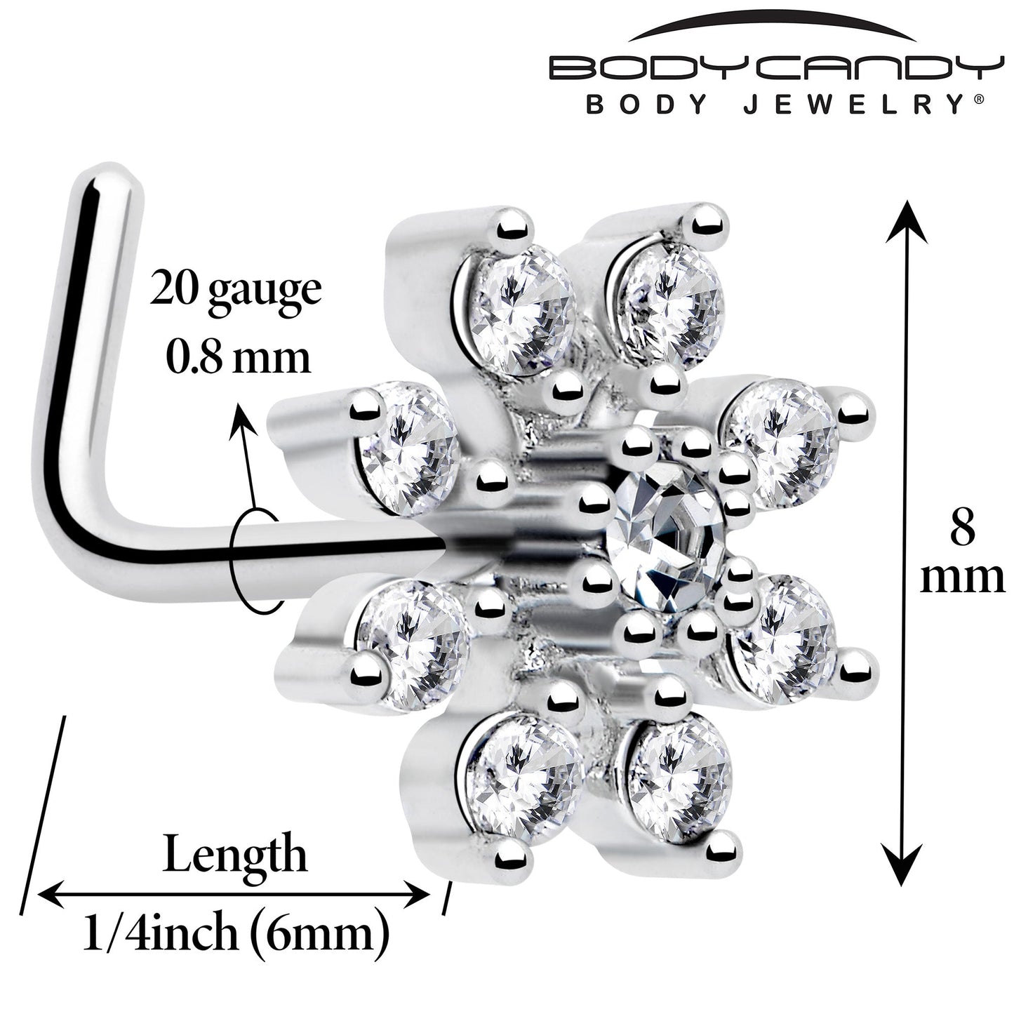 20G 1/4 Clear CZ Gem Flower L Shaped Nose Ring