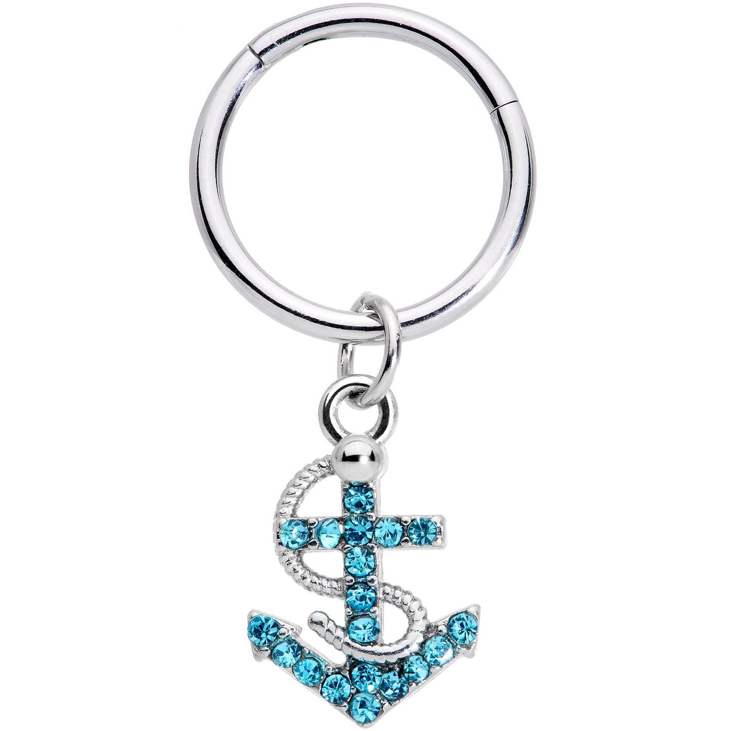 16G 3/8 Aqua CZ Gem Nautical Anchor Hinged Dangle Segment Ring
