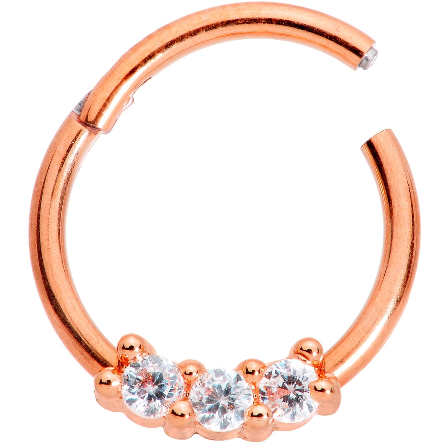 16G 3/8 Clear CZ Gem Rose Gold Tone Trio Hinged Segment Ring
