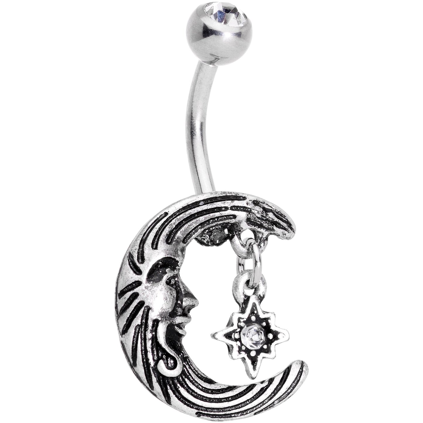Clear Gem Serene Moon and Star Dangle Belly Ring