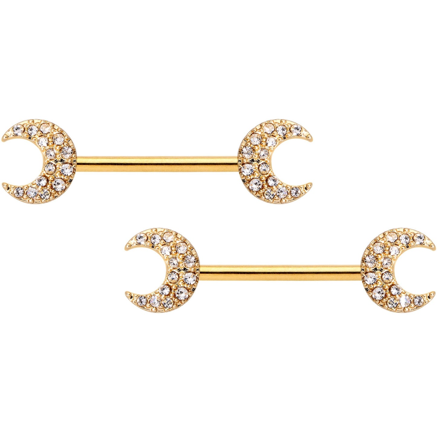 14G 9/16 Clear Gem Gold Tone Crescent Moon Barbell Nipple Ring Set