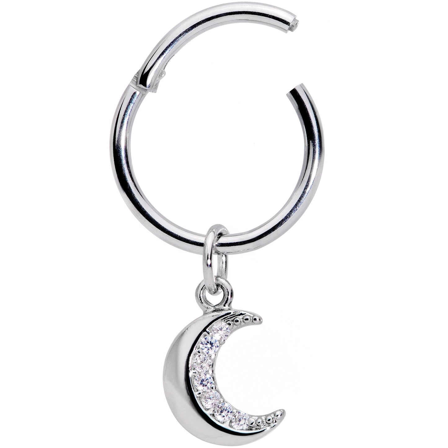 16G 3/8 Clear CZ Gem Crescent Moon Dangle Hinged Segment Ring