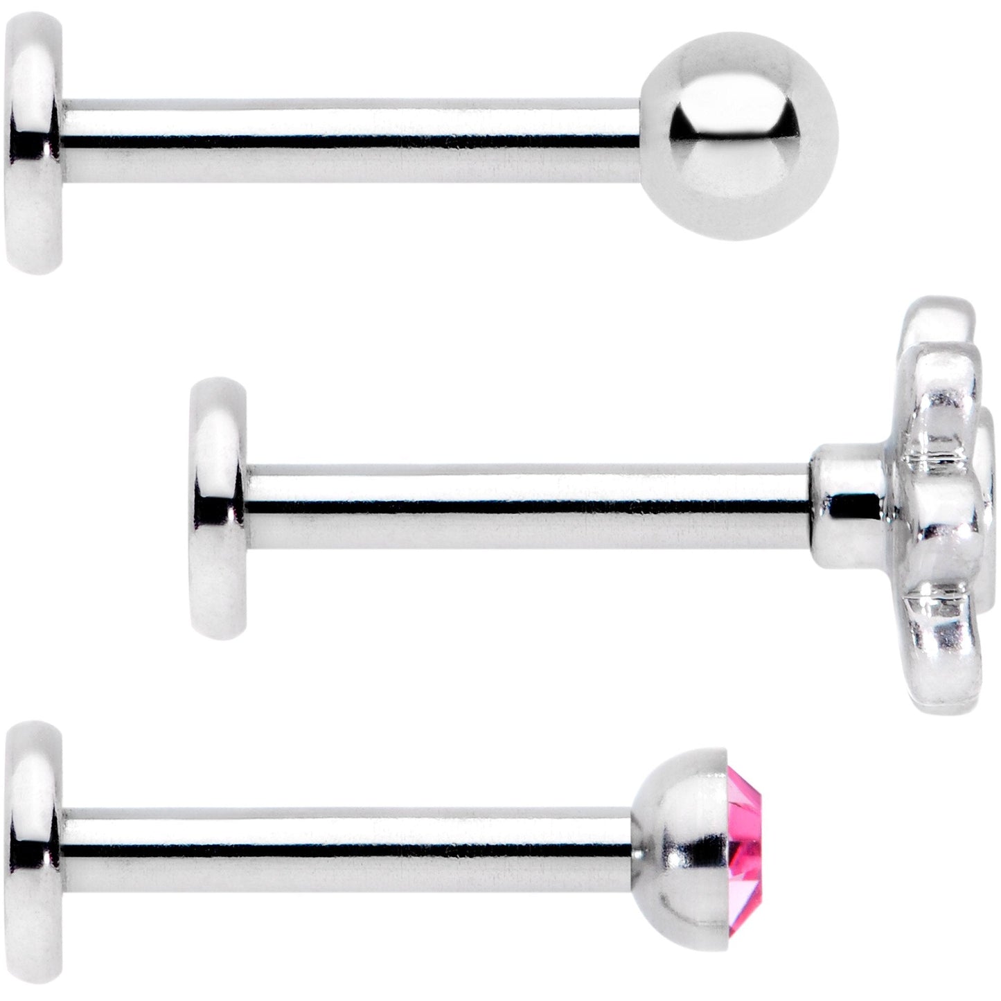 16G Pink Gem Flower Internally Threaded Labret Set of 3
