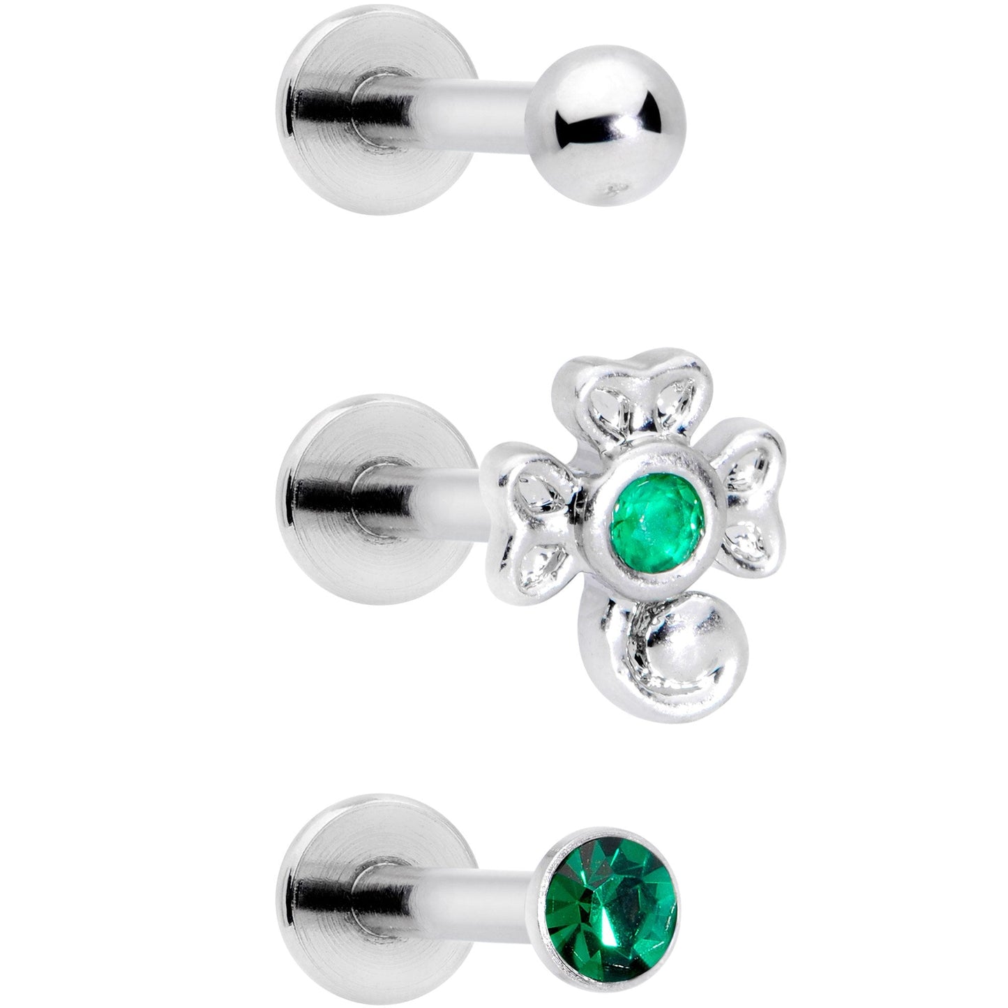 16G 5/16 Green Gem St Patricks Day Shamrock Labret Set of 3