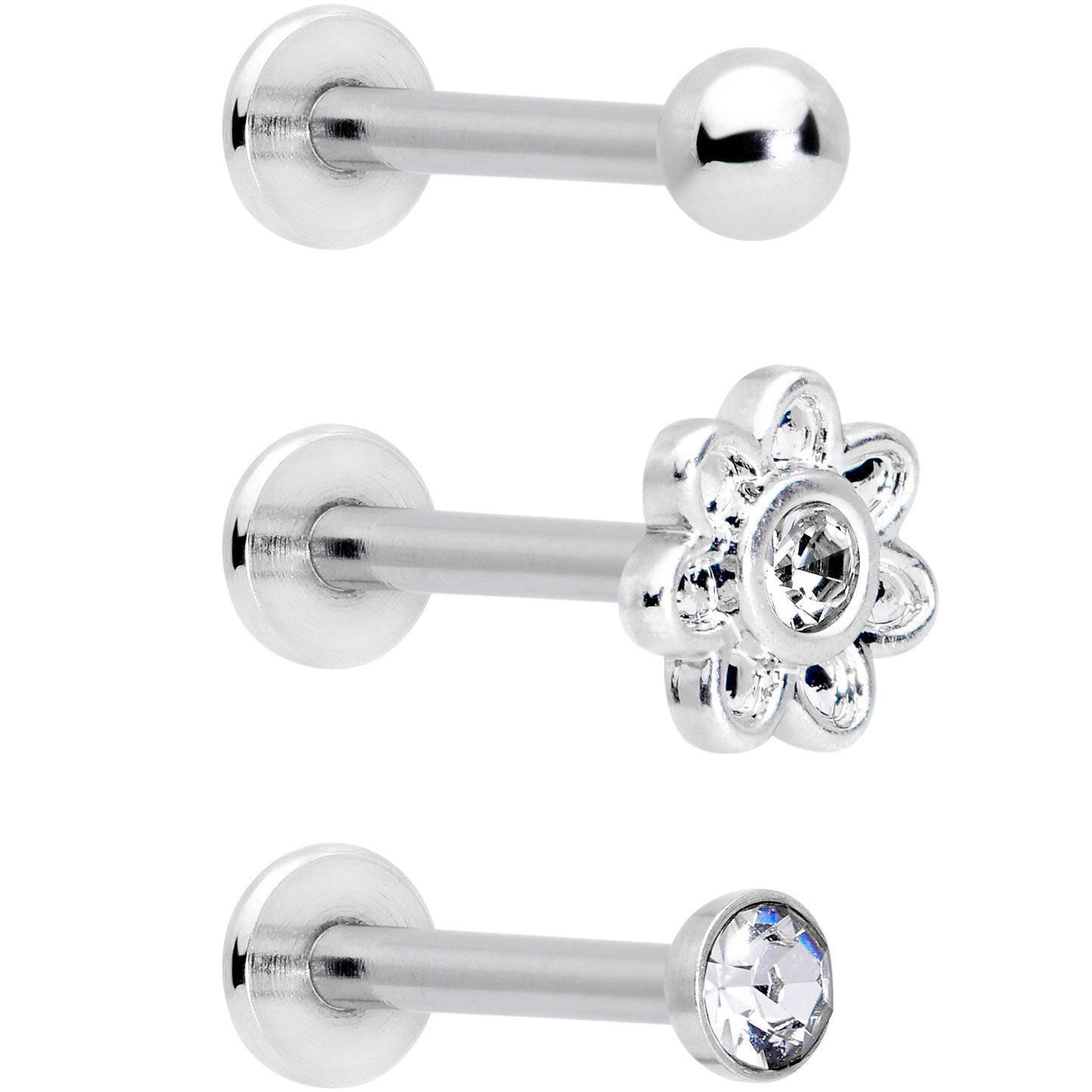 16G 5/16 Clear Gem Flower Top Labret Tragus Set of Three