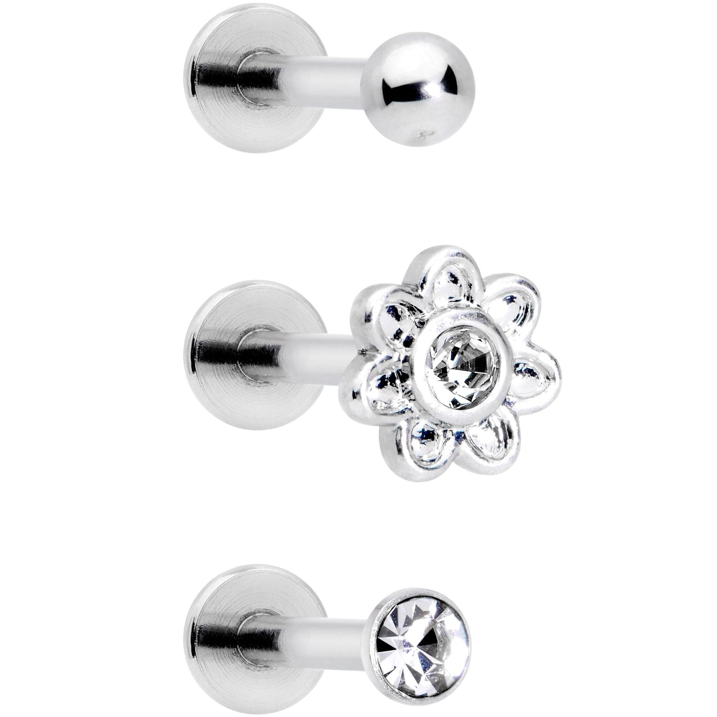 16G 5/16 Clear Gem Flower Top Labret Tragus Set of Three