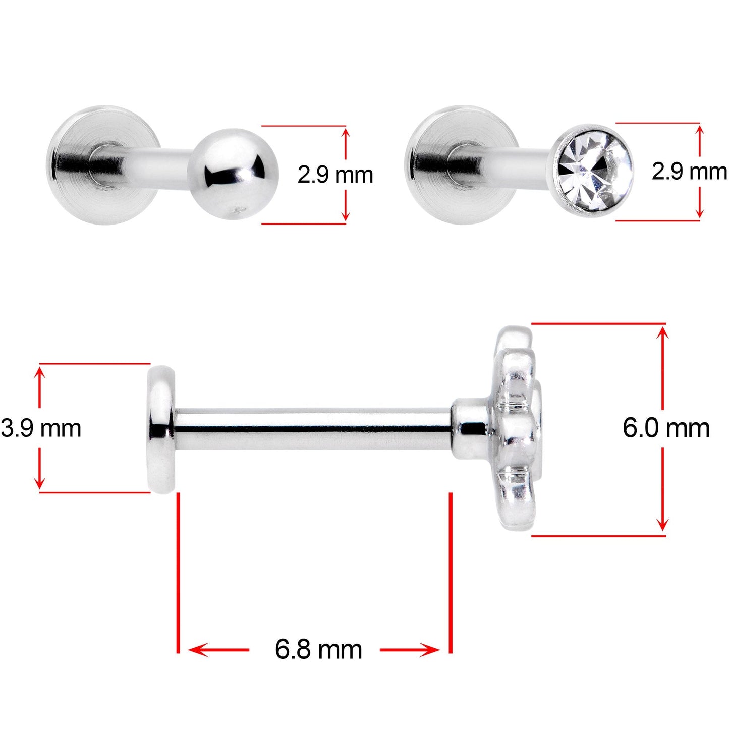 16G 5/16 Clear Gem Flower Top Labret Tragus Set of Three