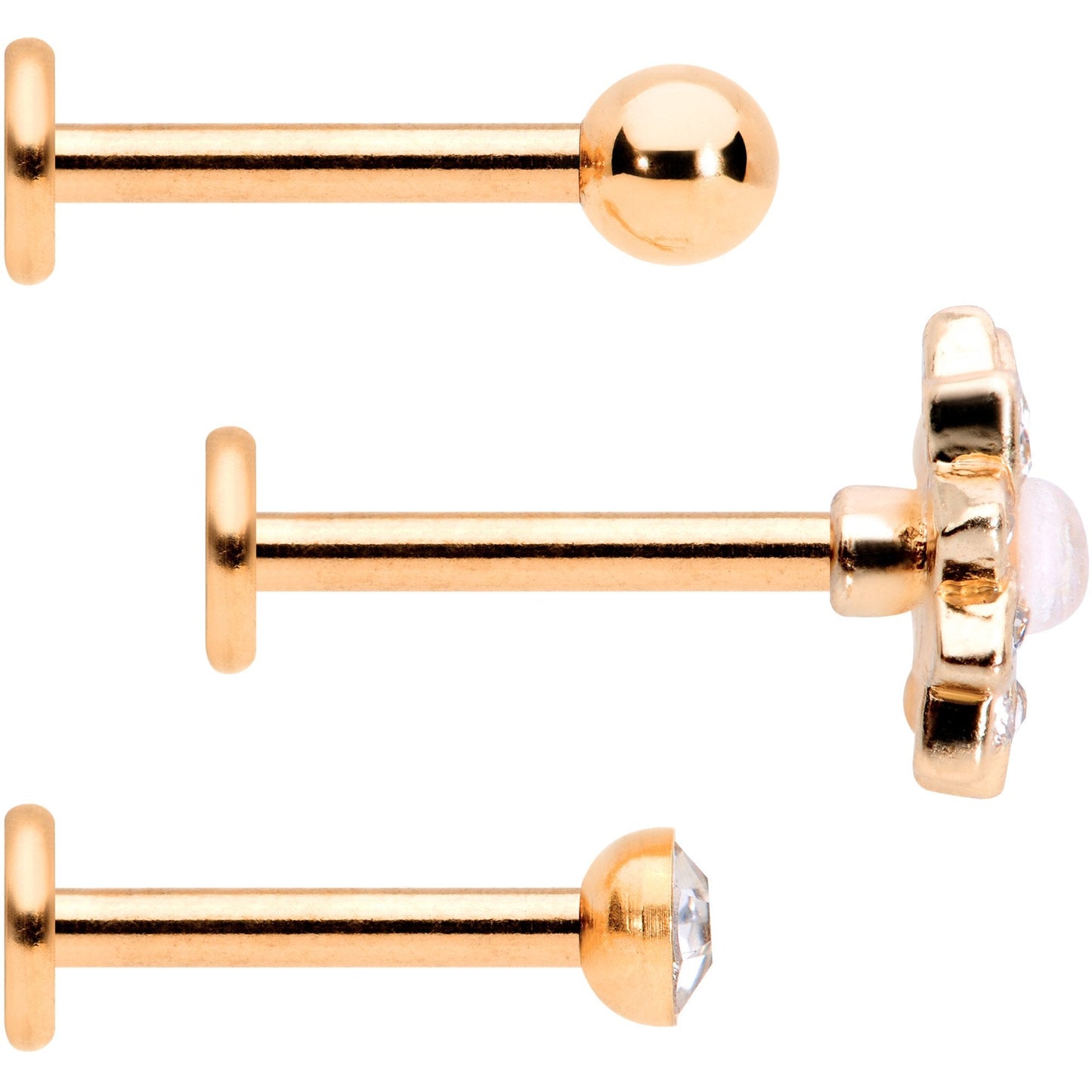 16G 5/16 White Faux Opal Rose Gold Tone Flower Labret Set of 3