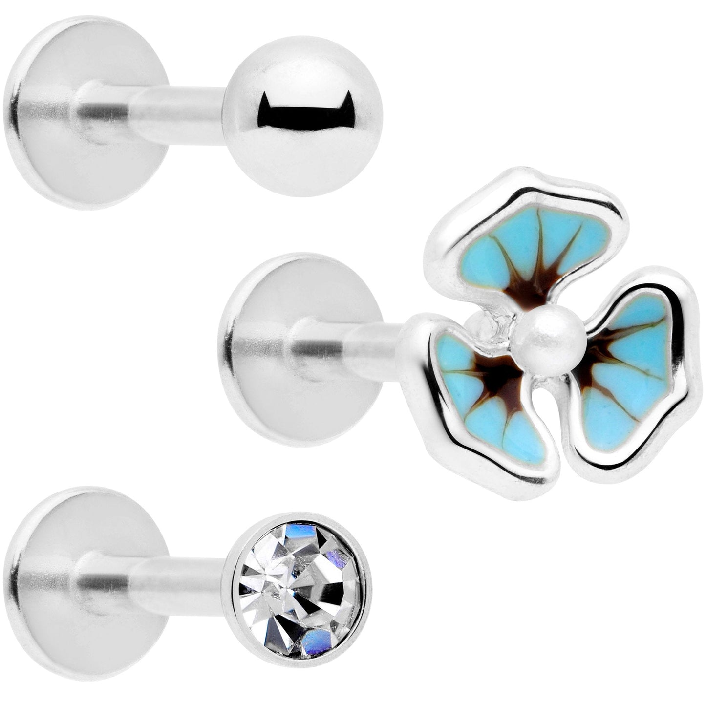 16G 5/16 Clear Gem Blue Flower Labret Monroe Tragus Set of 3