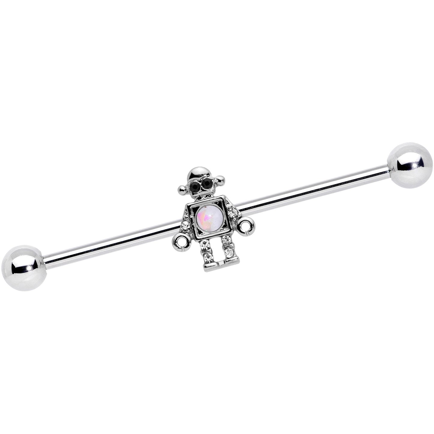 14G White Faux Opal Rock Out Robot Industrial Barbell 38mm