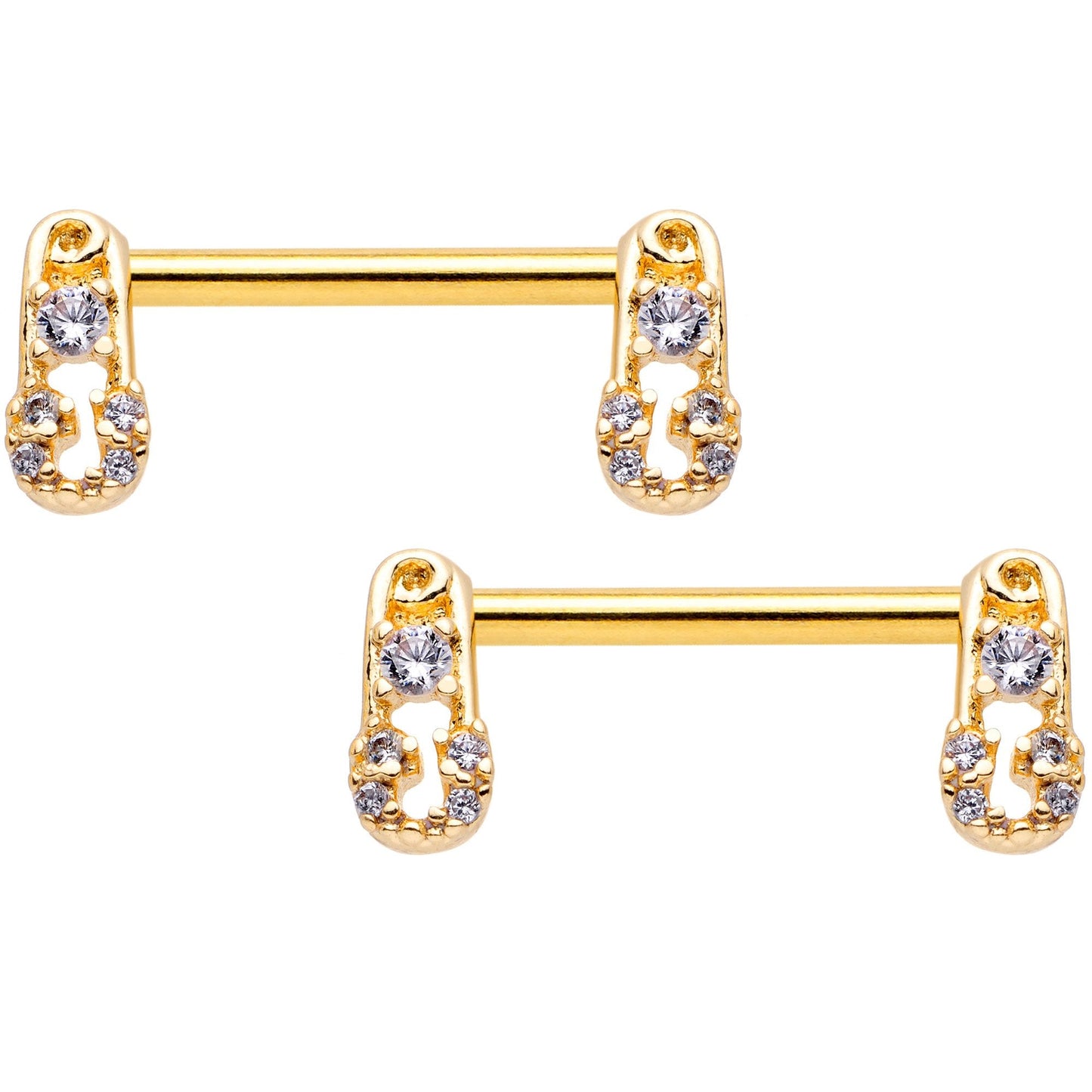 14G 9/16 Clear CZ Gem Gold Tone Safety Pin Nipple Ring Set
