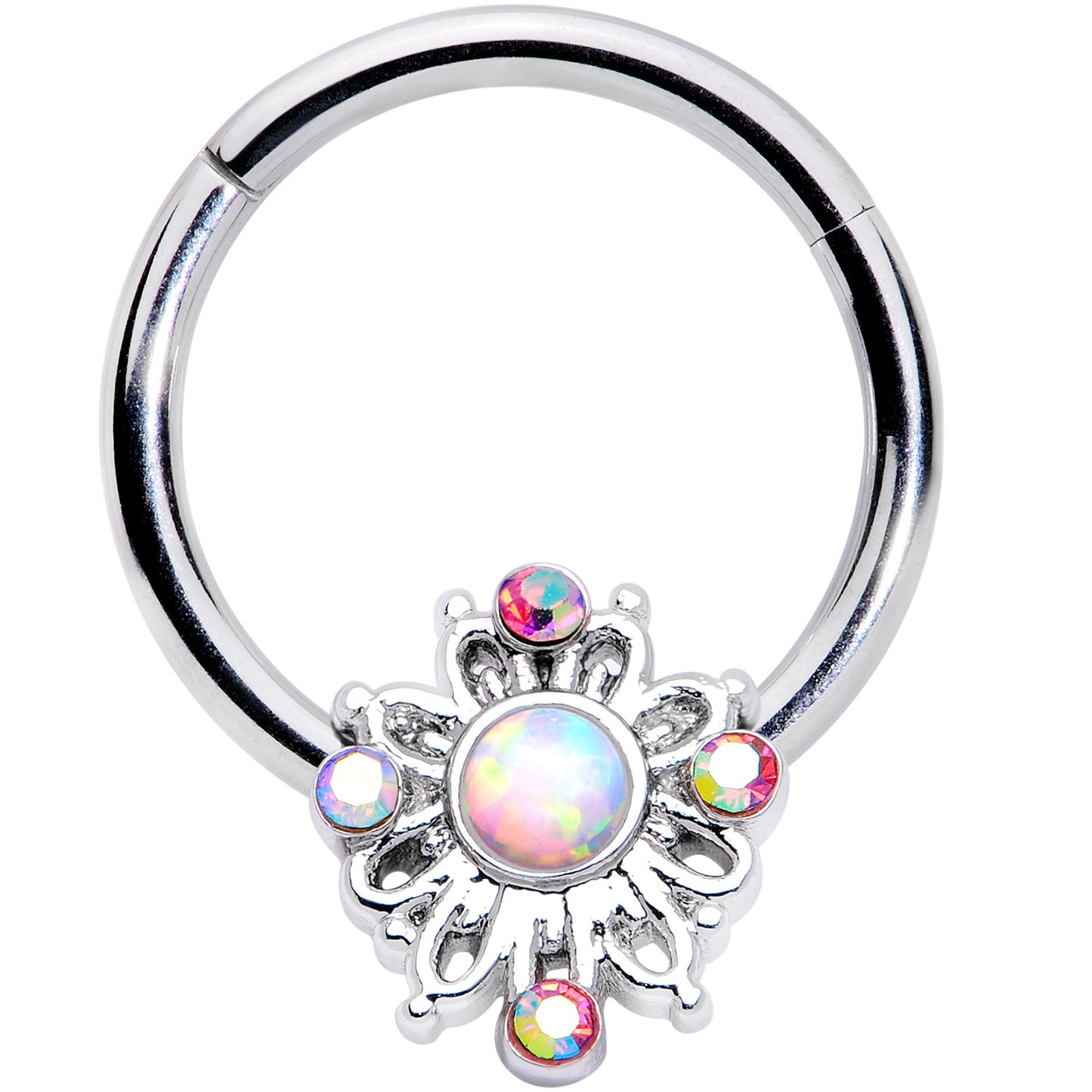16G 3/8 White Synthetic Opal Aurora Gem Crest Hinged Segment Ring