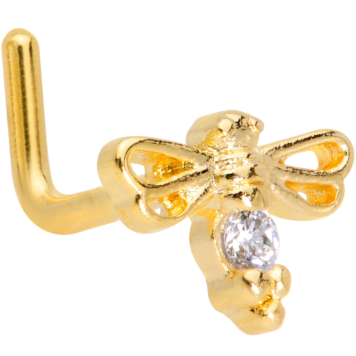 18G 7mm Clear CZ Gem Gold Tone Dragonfly L Shaped Nose Ring