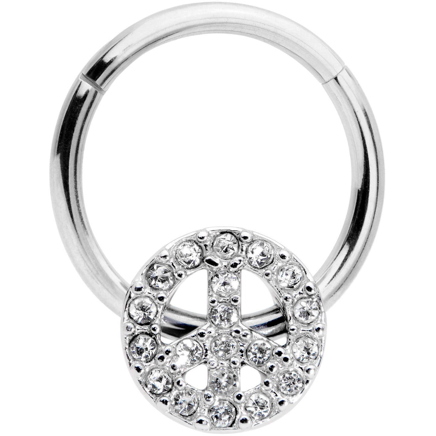 16G 3/8 Clear Gem Retro Peace Sign Hinged Segment Ring