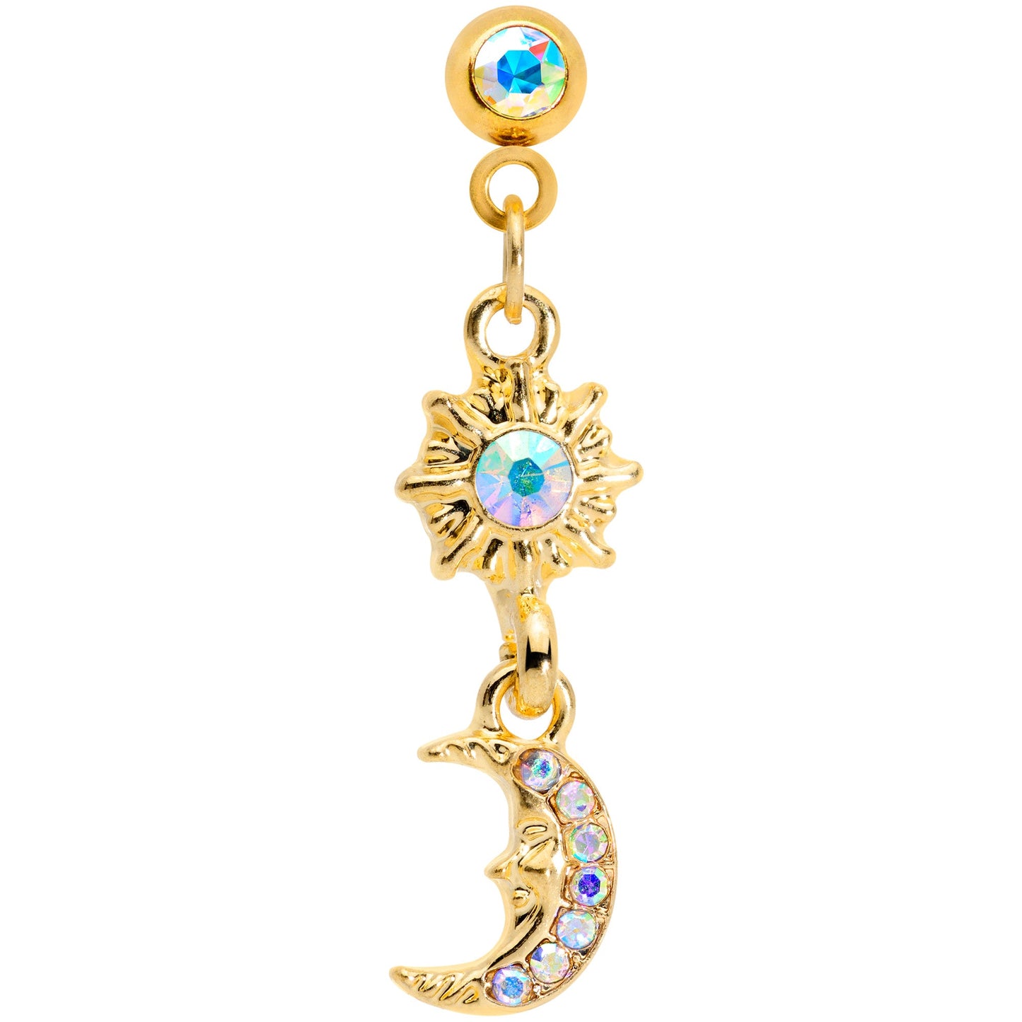 16G 1/4  Aurora Gem Gold Tone Moon Dangle Cartilage Tragus