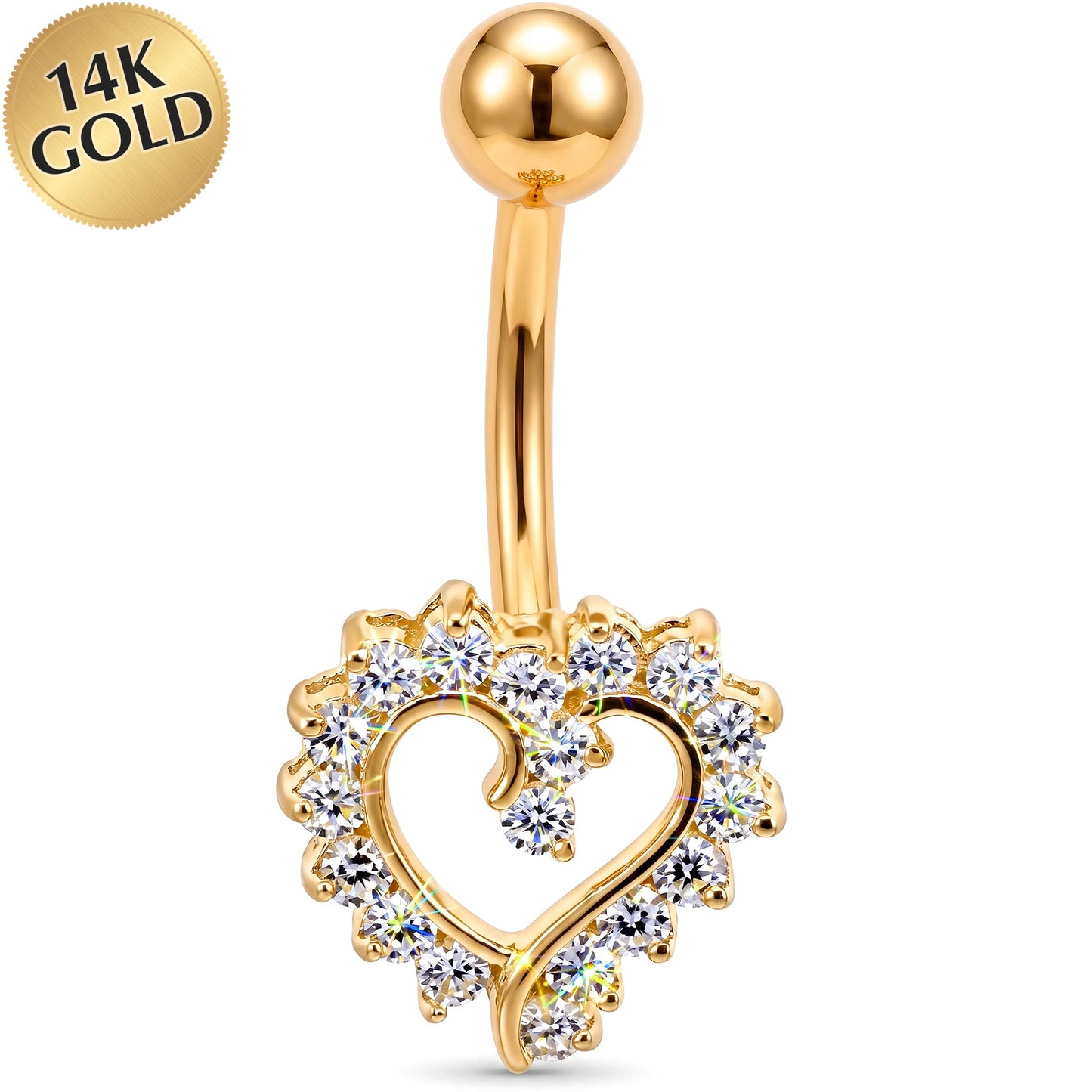 16G Solid 14K Yellow Gold Cubic Zirconia HOLLOW HEART Belly Ring
