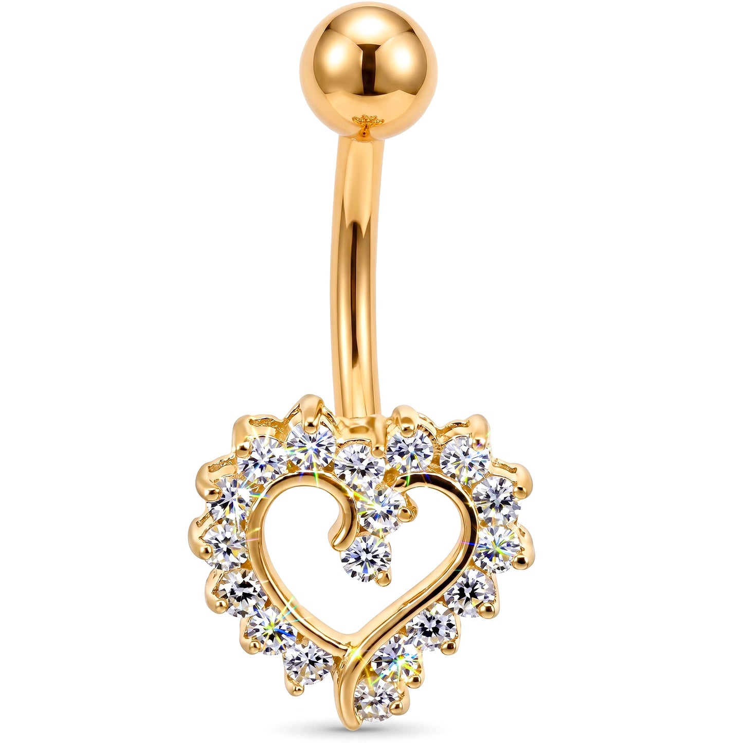 16G Solid 14K Yellow Gold Cubic Zirconia HOLLOW HEART Belly Ring