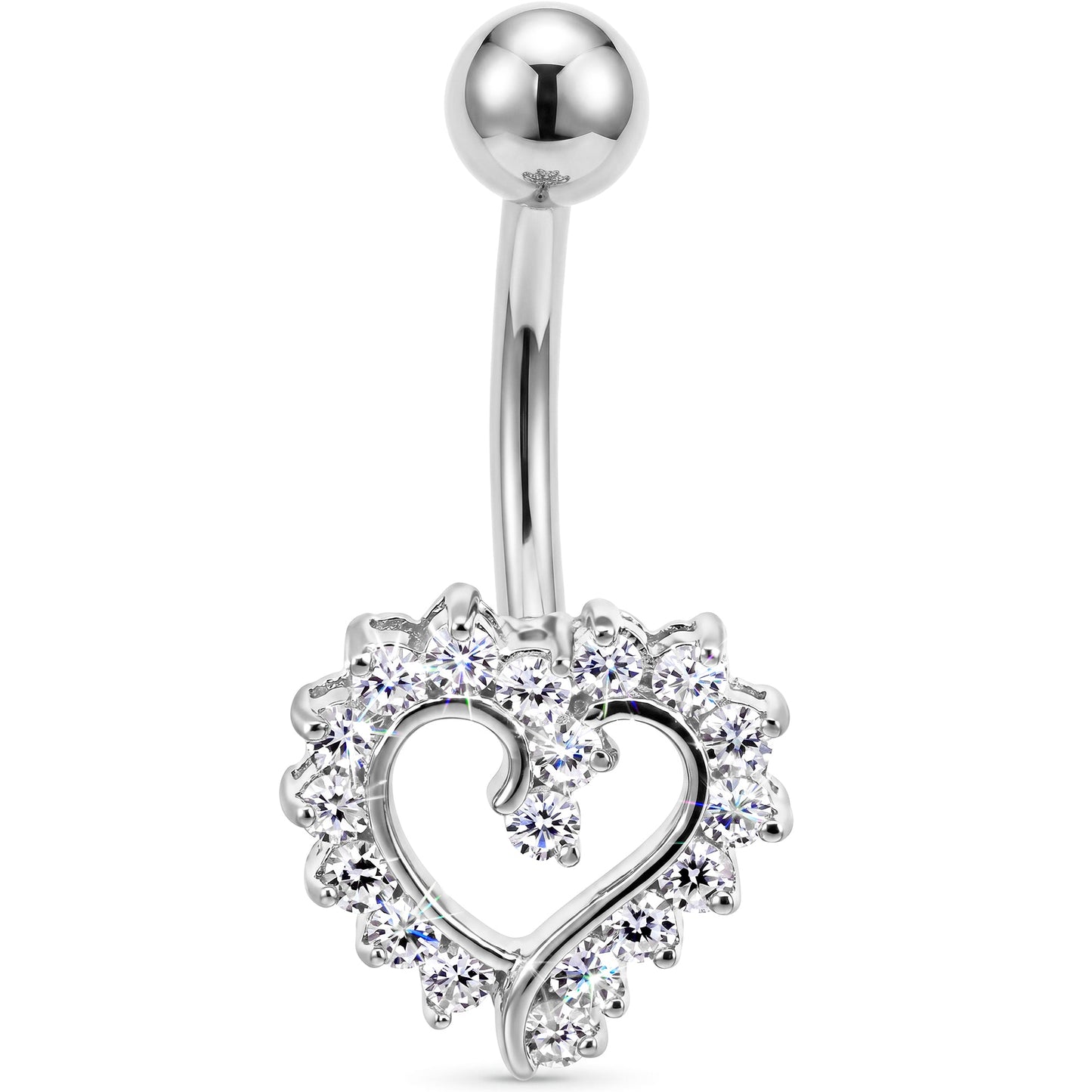 16G Solid 14K White Cubic Zirconia HOLLOW HEART Belly Ring