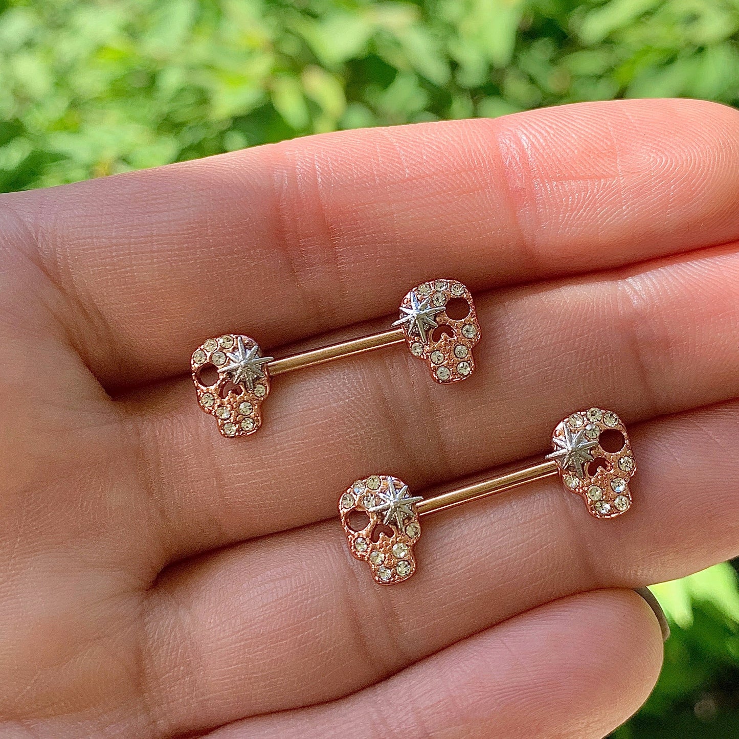 14G 9/16 Clear Gem Gold Tone Star Skull Barbell Nipple Ring Set