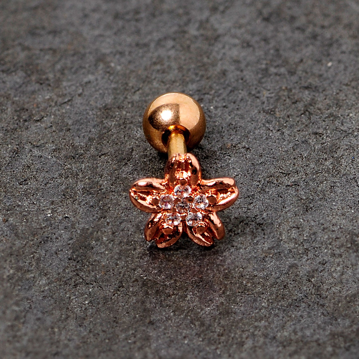 16G 1/4 Clear Gem Rose Gold Tone Flower Cartilage Tragus Earring