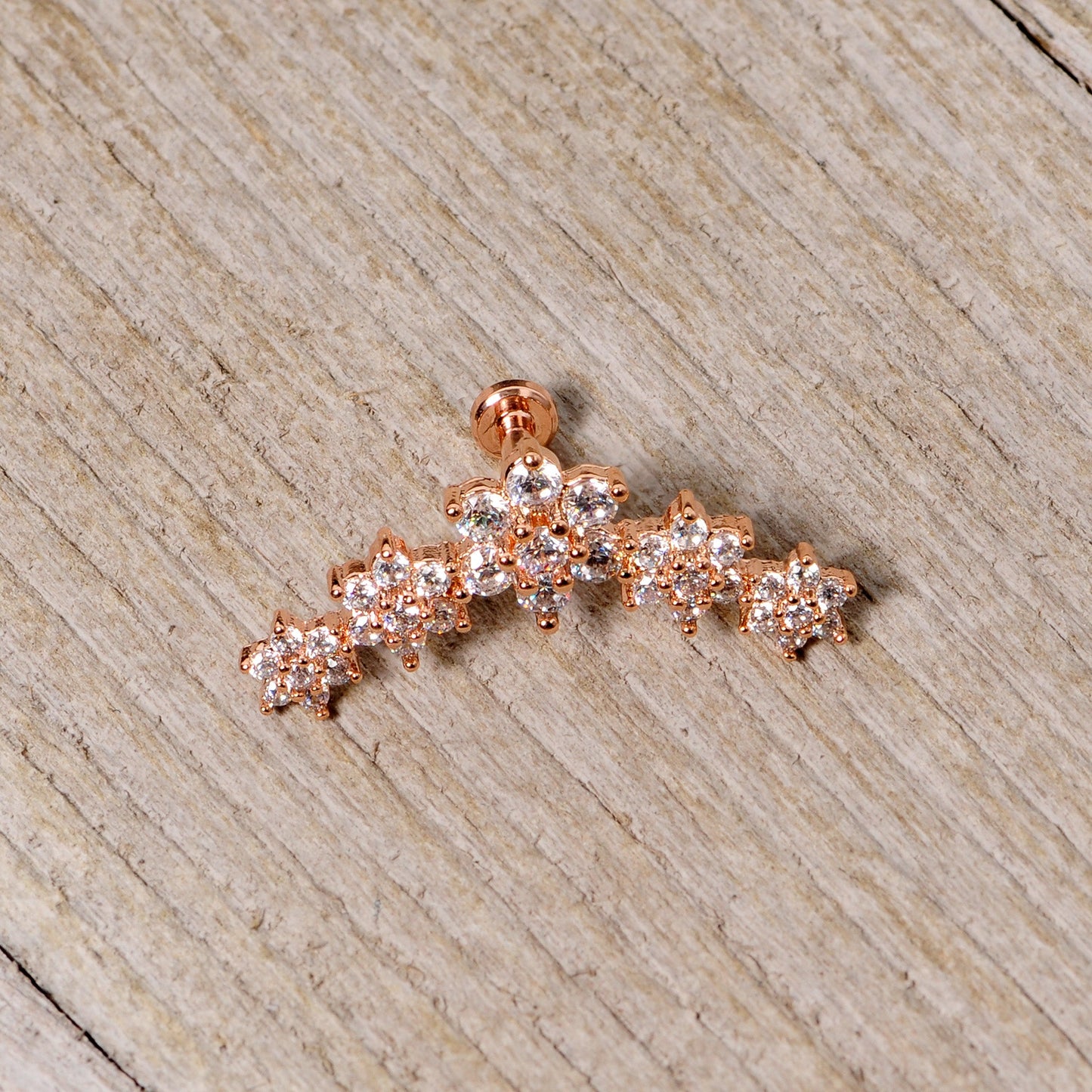 16G 1/4 Clear CZ Gem Rose Gold Tone Floral Internal Thread Labret