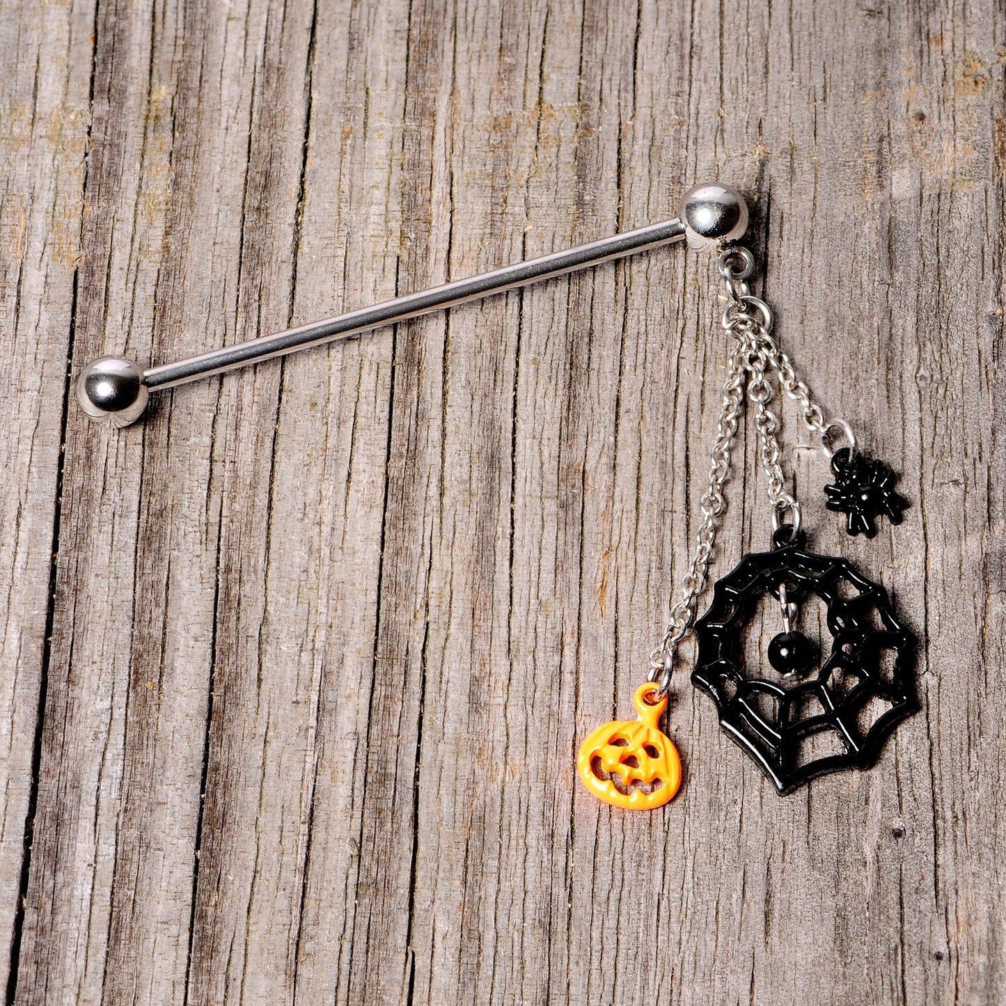 14G Spiderweb Pumpkin Halloween Dangle Industrial Barbell 38mm