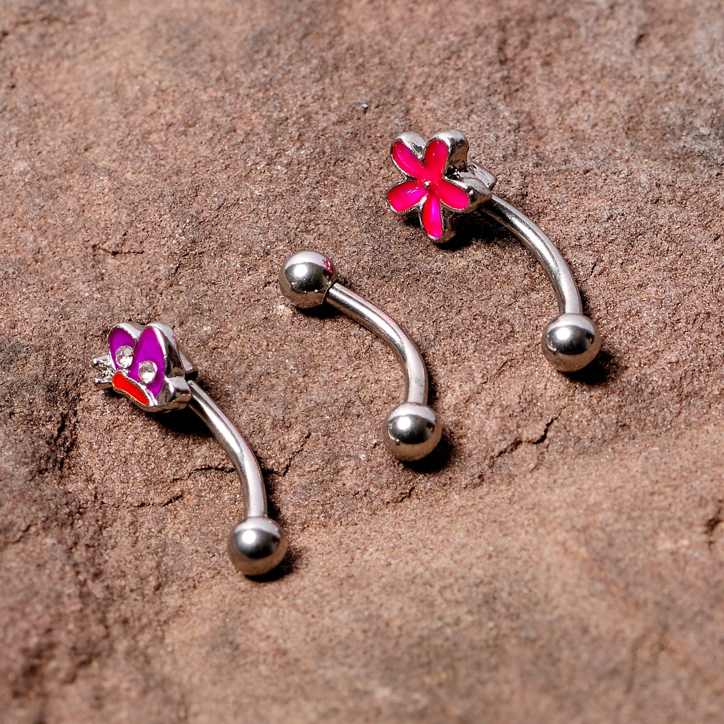 16G 5/16 Clear Gem Purple Butterfly Curved Eyebrow Ring Set of 3