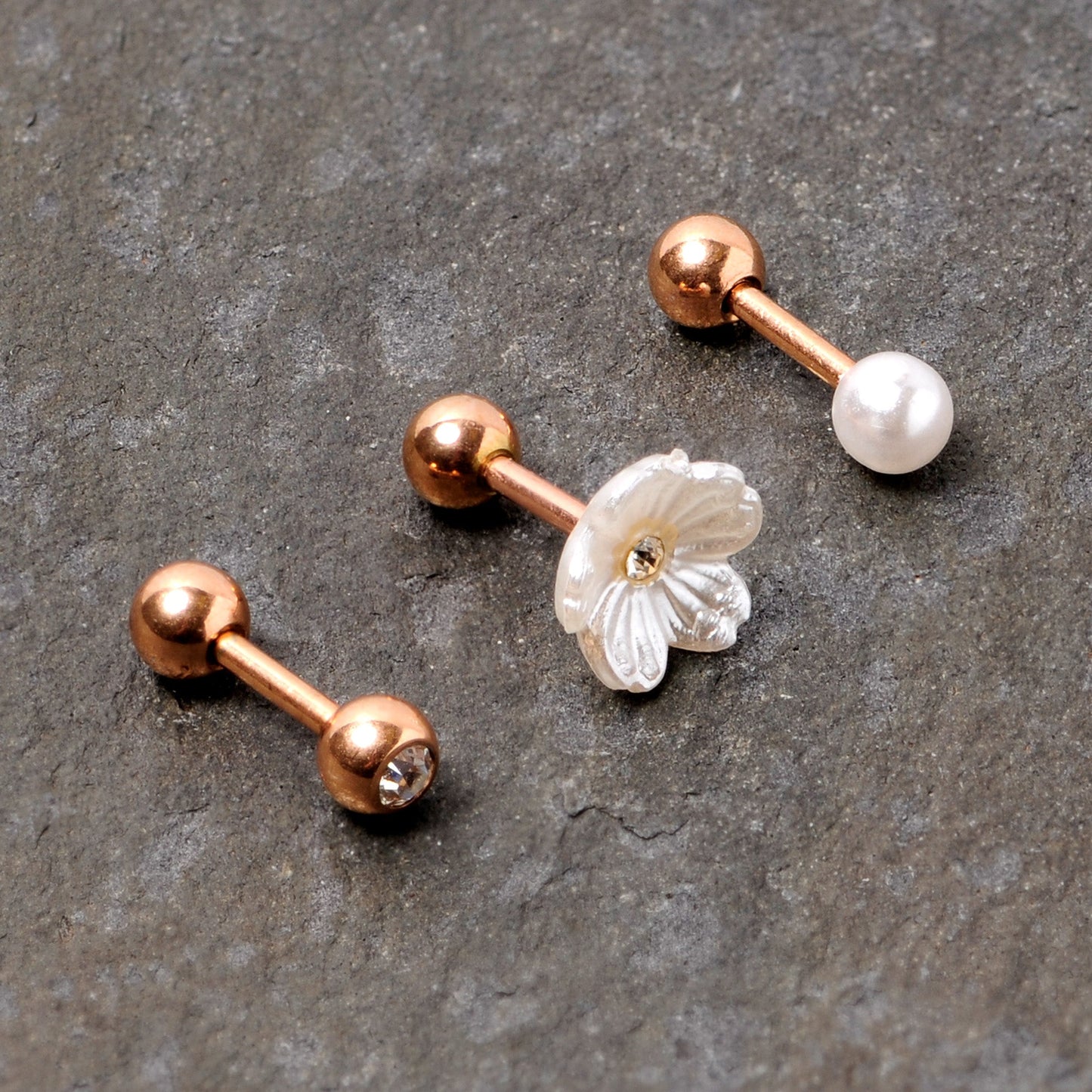 16G 1/4 Clear Gem Rose Gold Tone Flower Cartilage Tragus Curation Set of 3