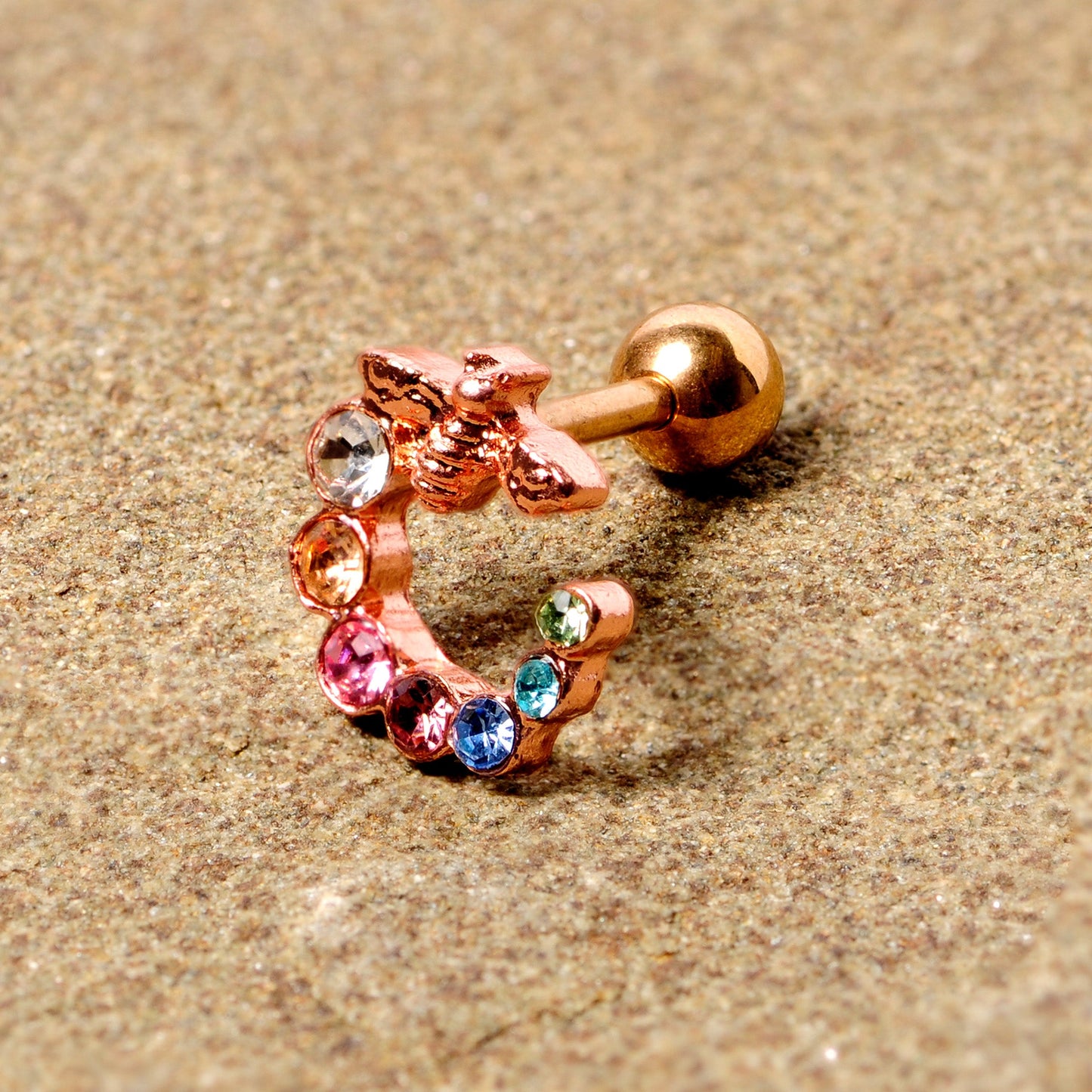 16G 1/4 Multicolor Gem Rose Gold Tone Bee Cartilage Tragus Earring