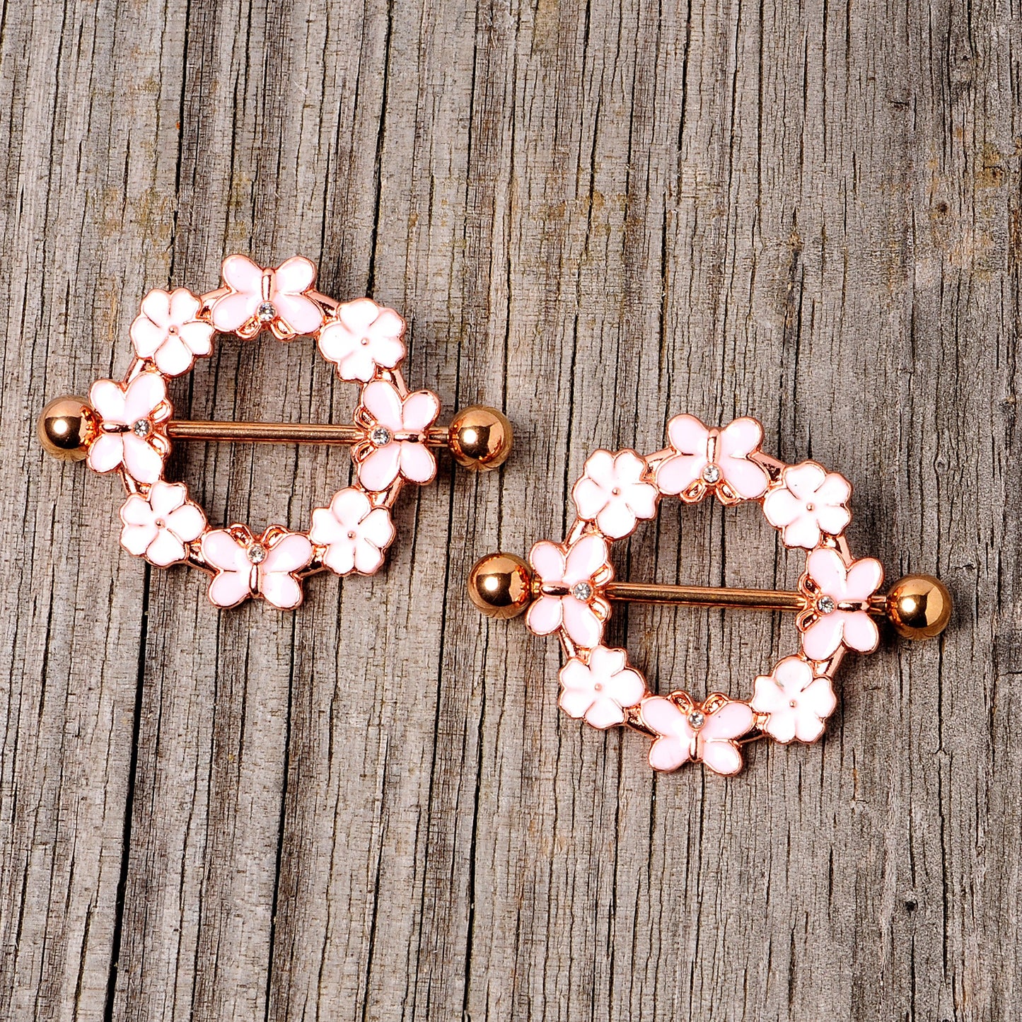 14G 9/16 Clear Gem Gold Tone Pink Butterfly Nipple Shield Set