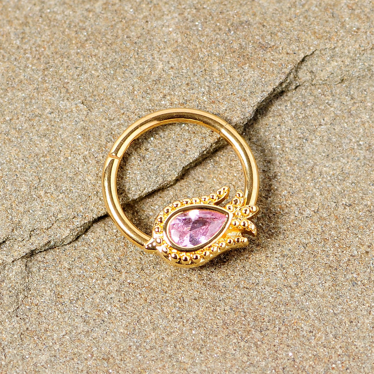 16G 3/8 Pink Gem Gold Tone Tulip Flower Hinged Segment Ring