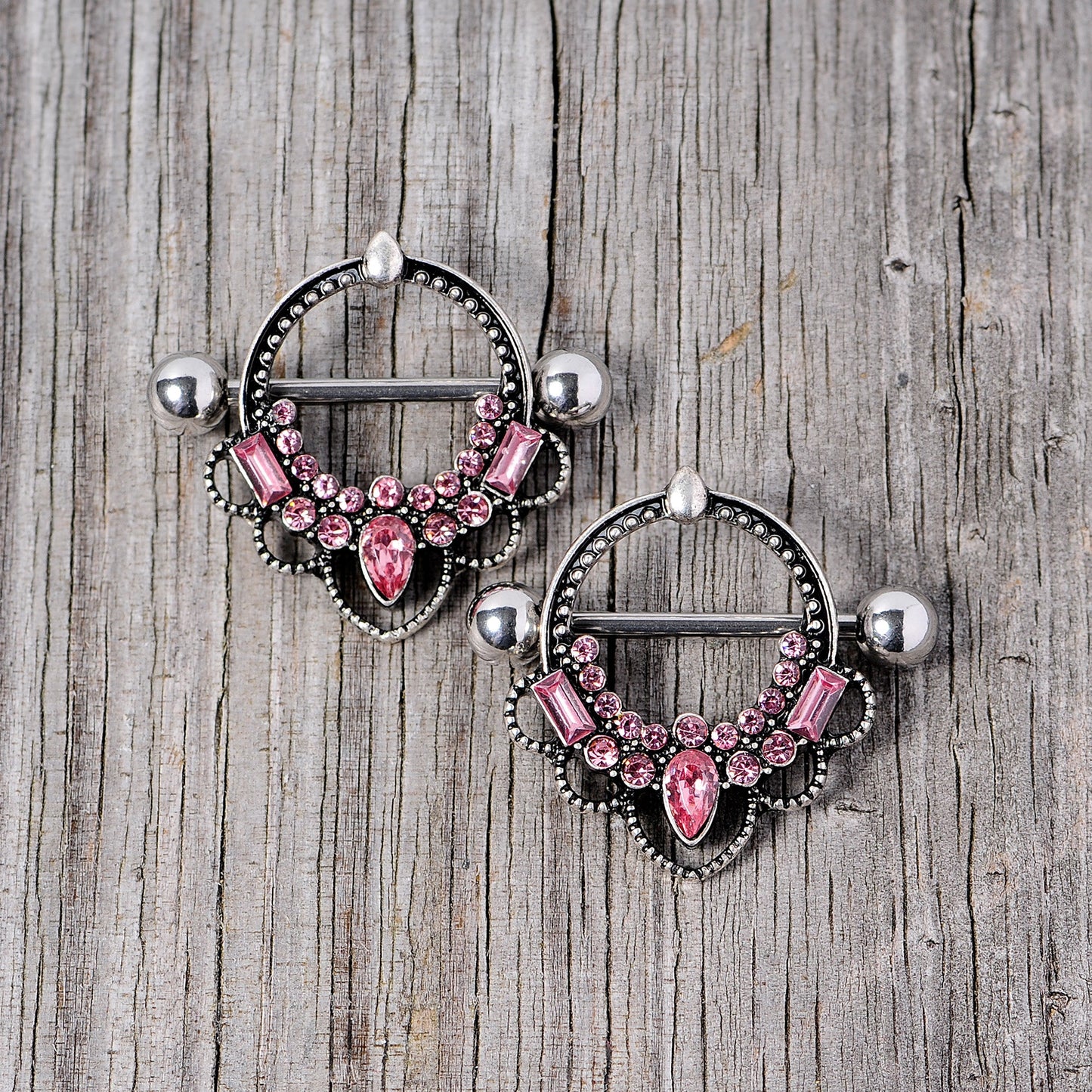 14G 5/8 Pink Gem Filigree Nipple Shield Set