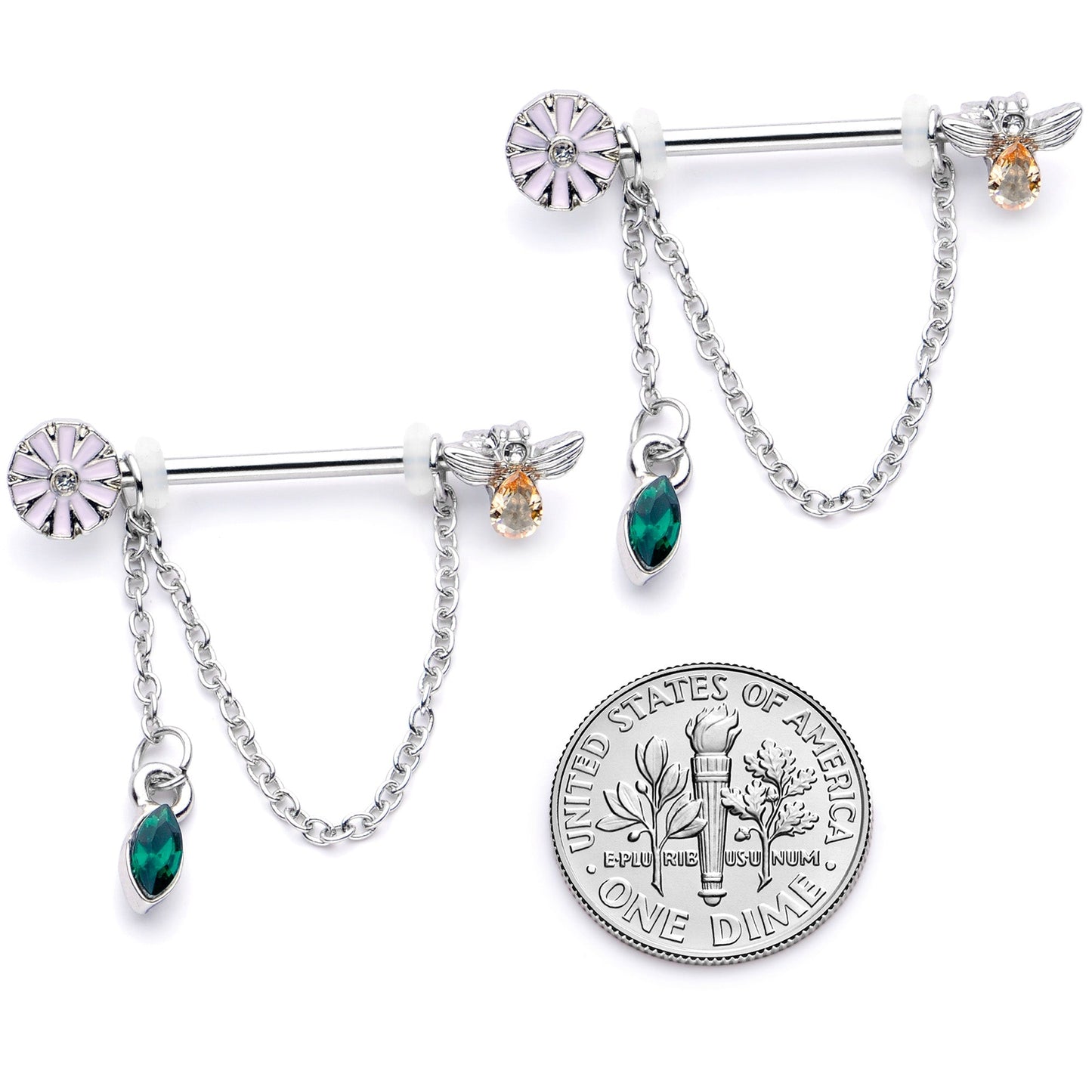14G 5/8 Green Yellow Gem Flower Bee Dangle Nipple Ring Set